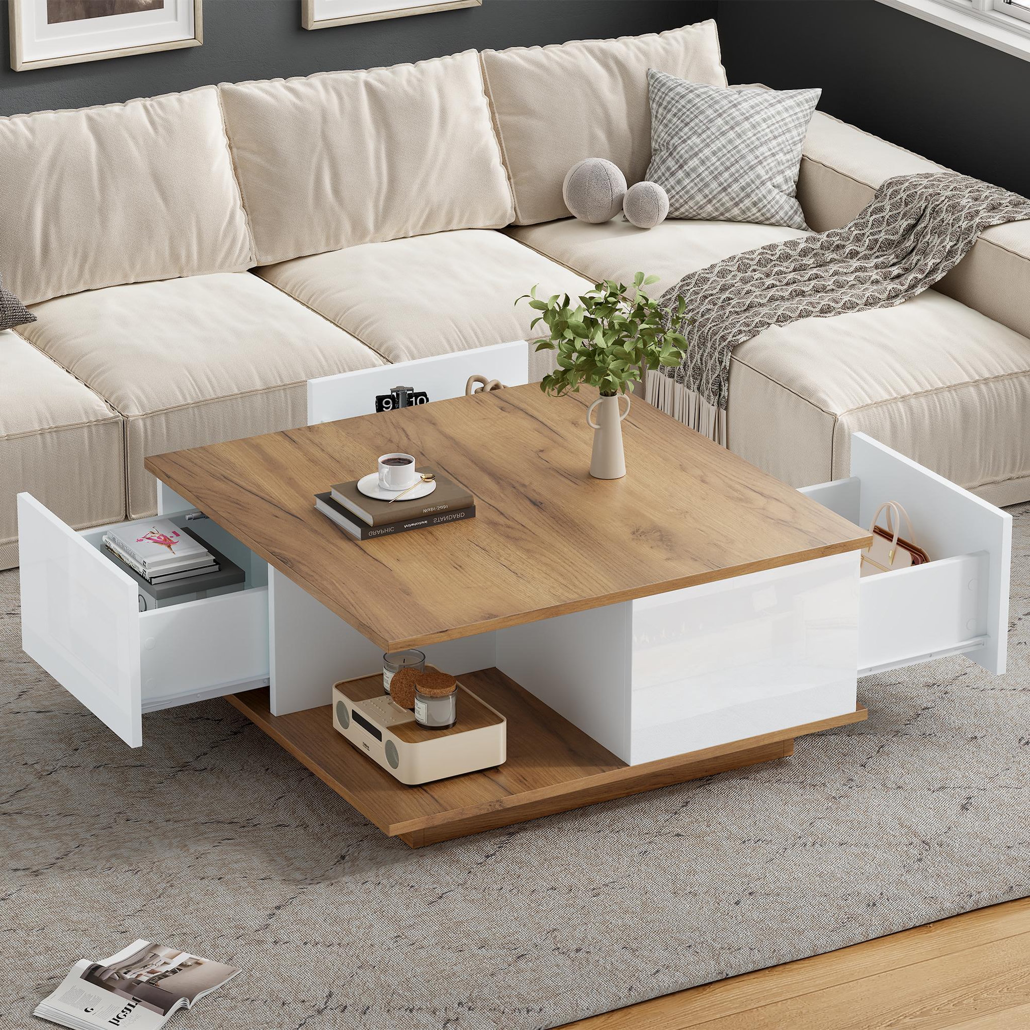 Voir la diapositive 5 : MERAX Table basse carrée blanc+naturel avec 3 tiroirs - 70x70 cm panneau de particules