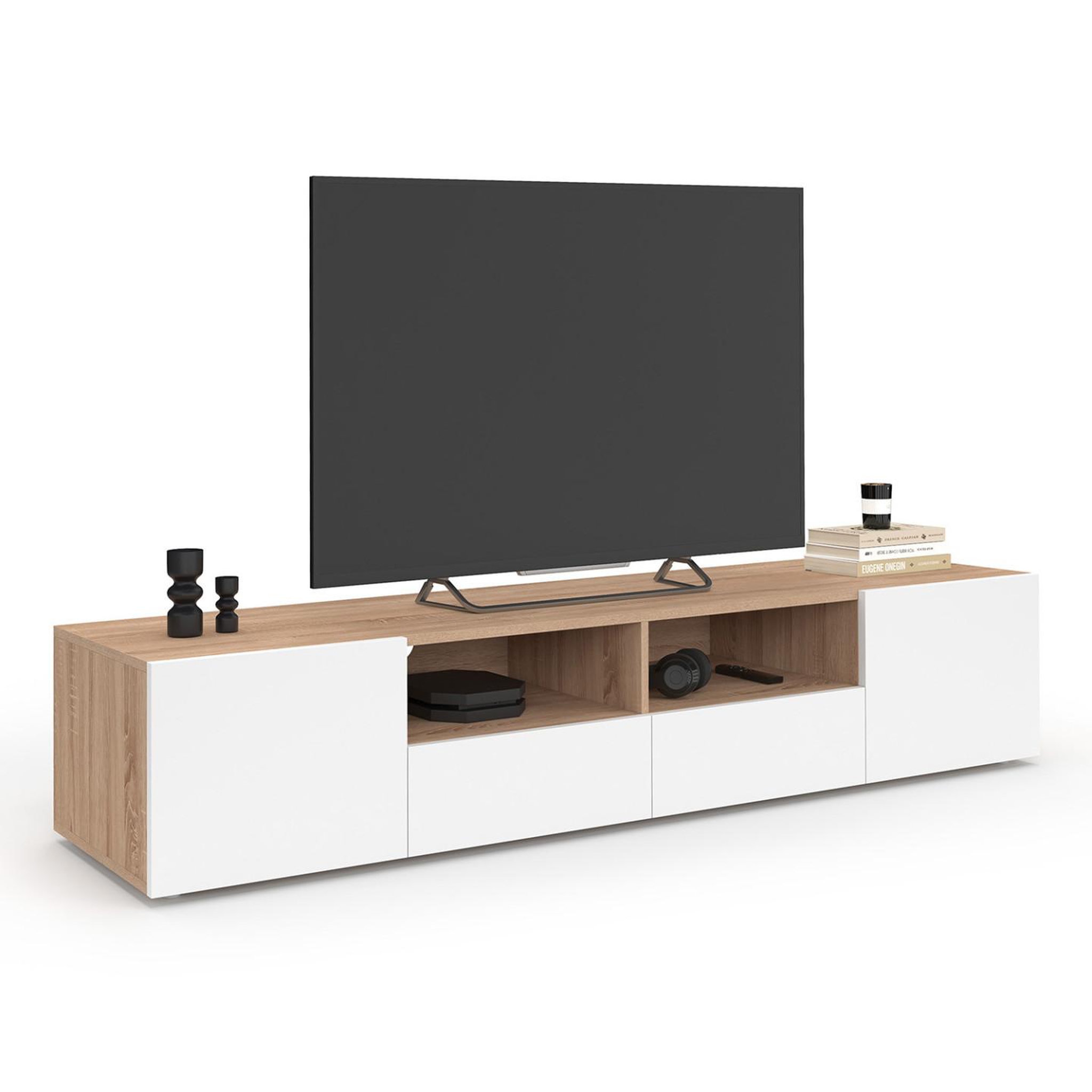 ID MARKET Meuble tv 180 cm eli bois façon hêtre portes blanches