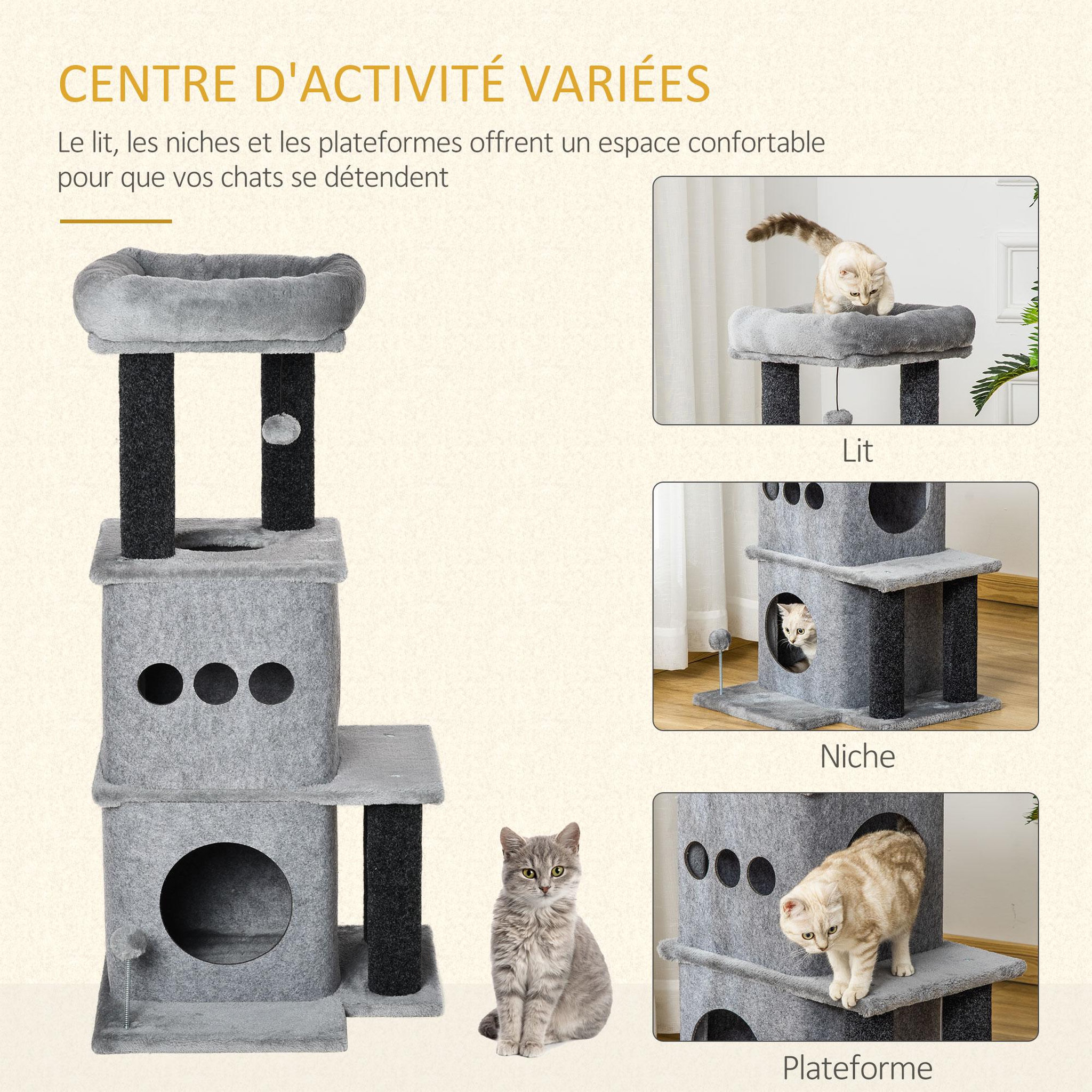 Voir la diapositive 5 : PAWHUT Arbre à chat centre d'activités griffoirs jeu boule suspendue et à ressort 2 niches housses amovibles plateformes gris