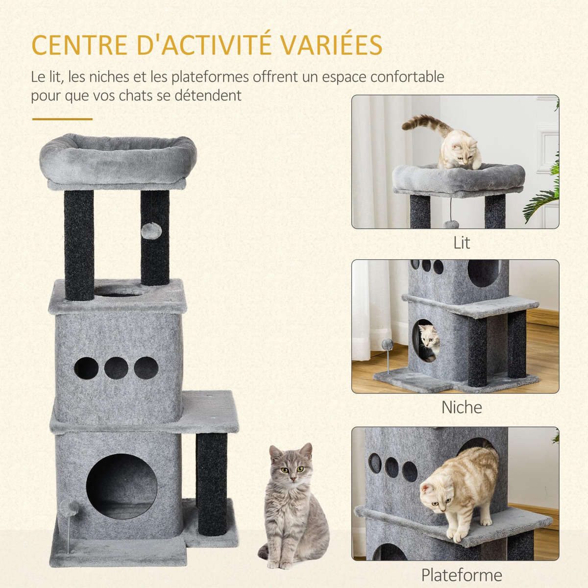 PAWHUT Arbre à chat centre d'activités griffoirs jeu boule suspendue et à ressort 2 niches housses amovibles plateformes gris