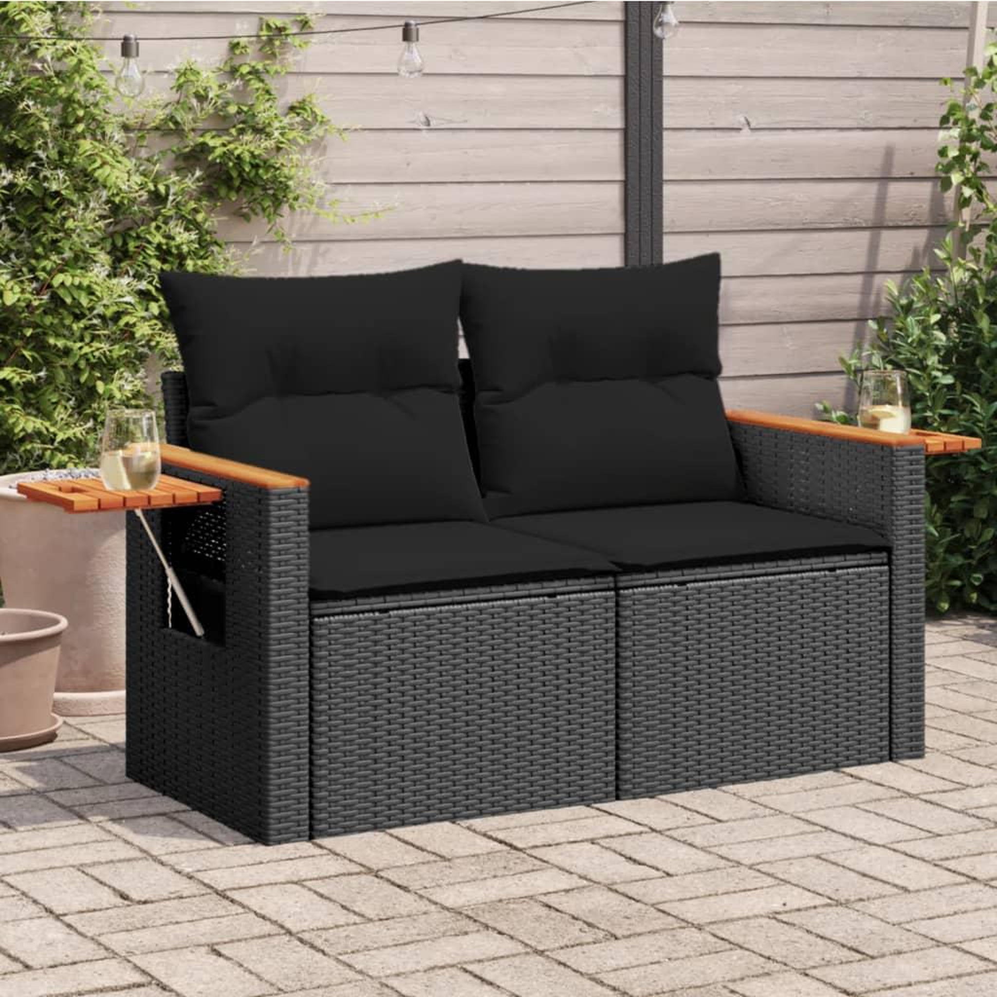 VIDAXL Canape de jardin avec coussins 2 places noir resine tressee