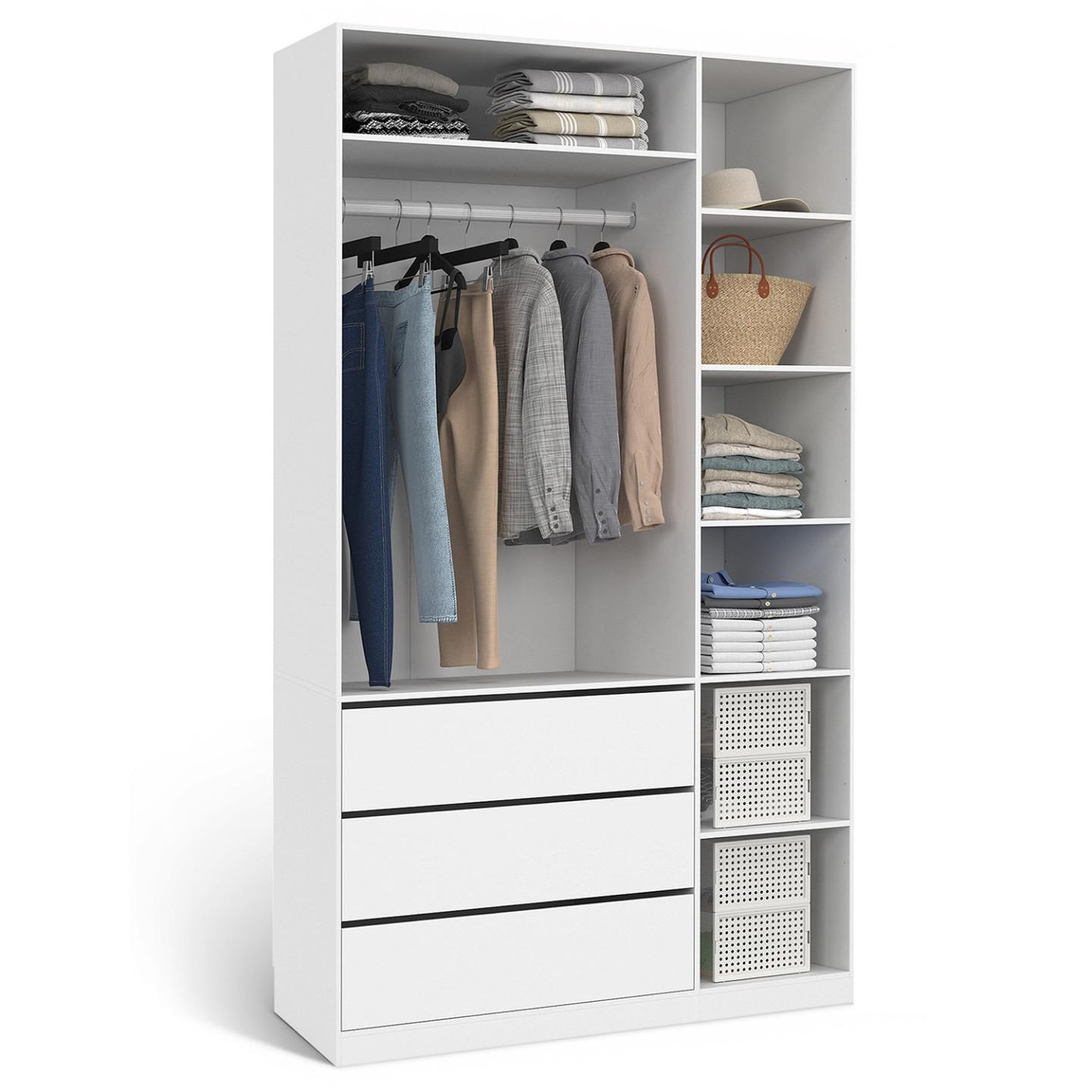 ID MARKET Dressing TAYLOR 120 x 55 x 200 cm avec penderie + étagères + tiroirs blanc