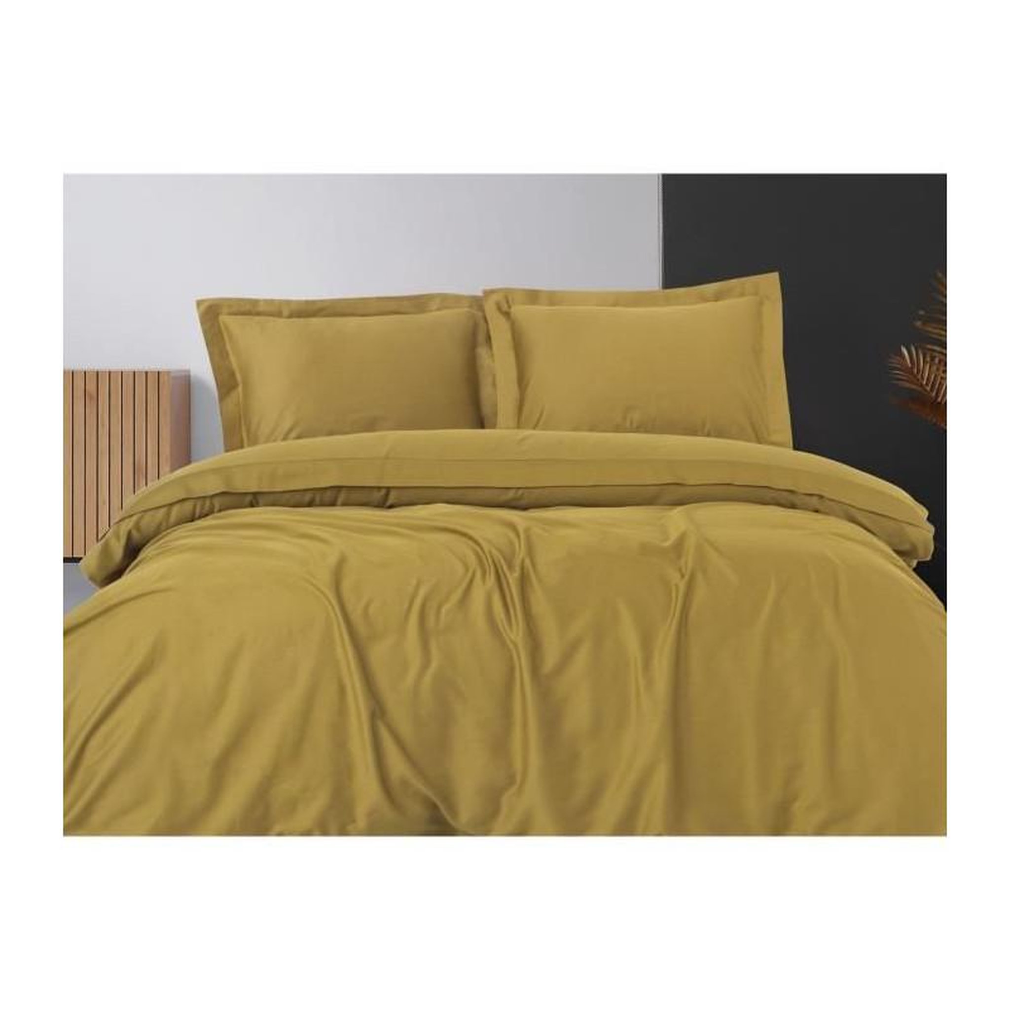 Voir la diapositive 4 : GENERIQUE Parure de lit - 129CTN63976 - 1 housse de couette 220 x 240 cm + 2 taies d'oreiller 60 x 60 cm - Satiné 100% coton - Moutarde