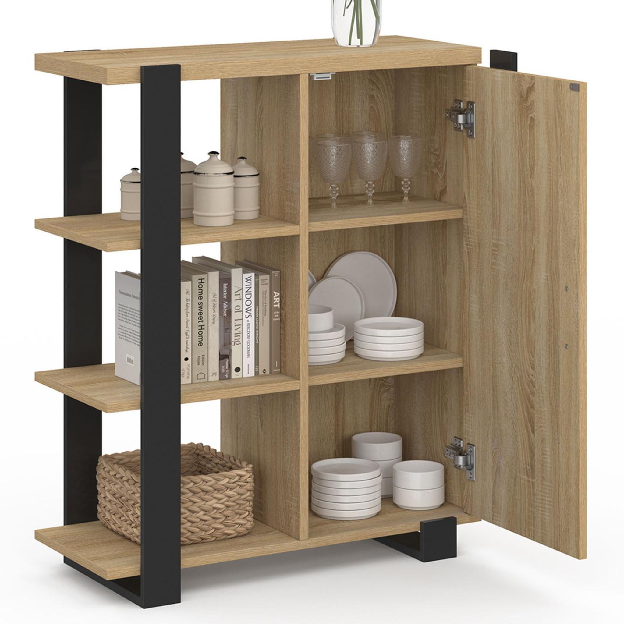 Voir la diapositive 3 : ID MARKET Buffet d'appoint 3 étagères et placard 70 cm phoenix bois et noir