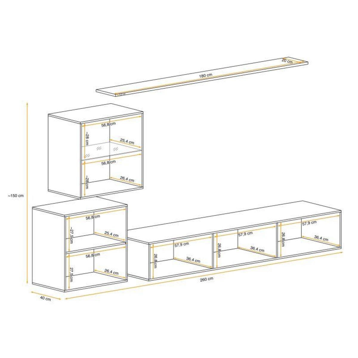 Paris Prix Meuble TV Mural Design  Switch XV  260cm Gris & Naturel