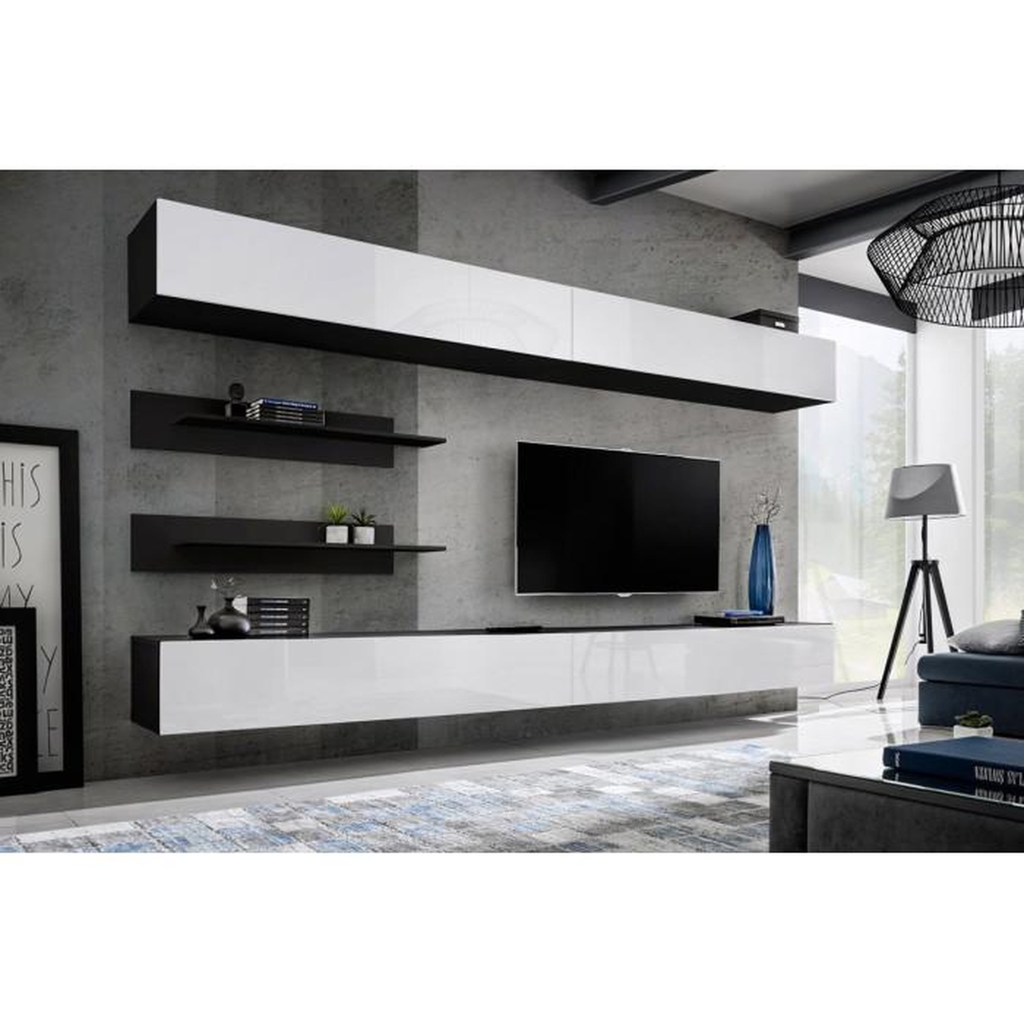 Voir la diapositive 2 : Paris Prix Meuble TV Mural Design  Fly VI  320cm Blanc & Noir