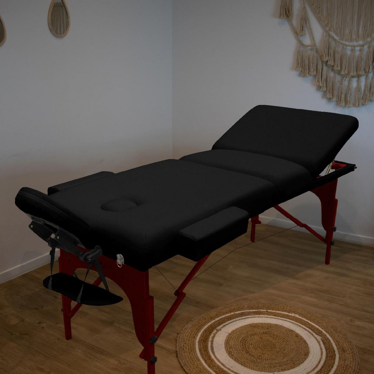 VIVEZEN Table de massage 15 cm pliante 3 zones en bois foncé avec panneau Reiki + Accessoires et housse de transport - Noir