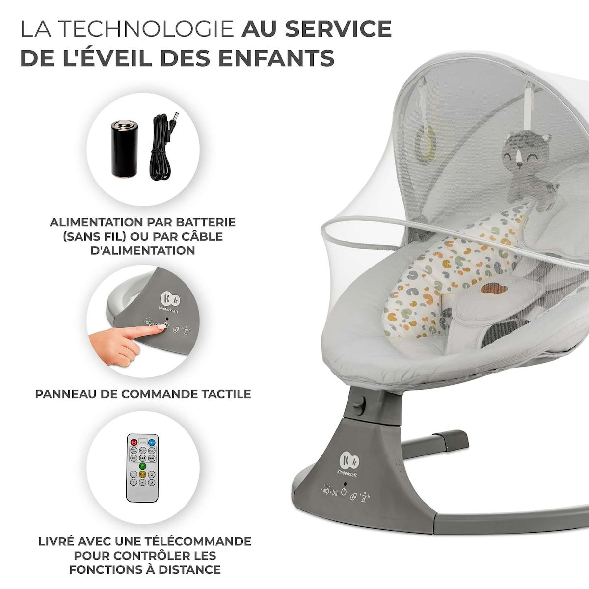 KINDERKRAFT Balancelle transat electrique 2en1 clair pratique