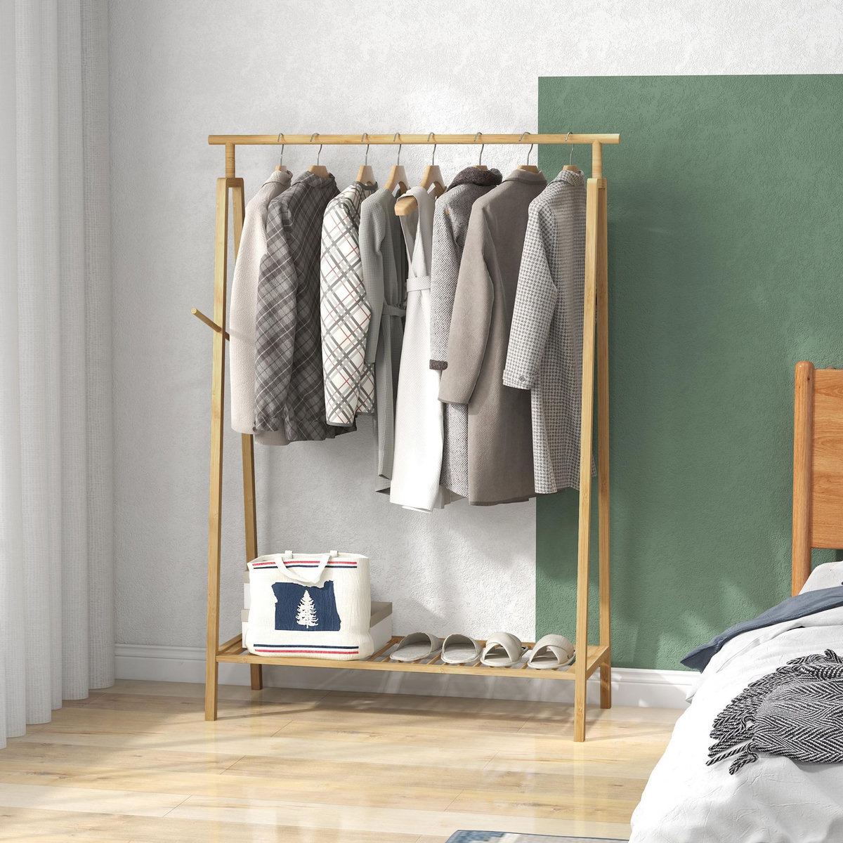 HOMCOM Portant pour vêtement en bambou - penderie avec étagère à chaussures