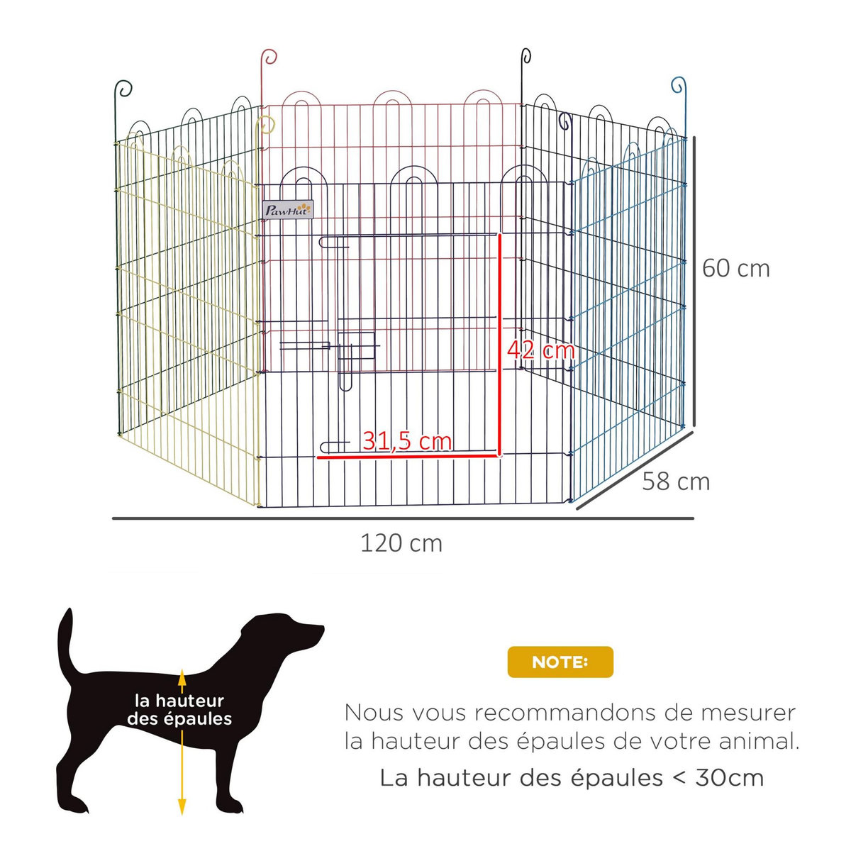 PAWHUT Parc enclos modulable pour chien animaux porte verrouillable 6 panneaux dim. panneau 59L x 60H cm métal multicolore