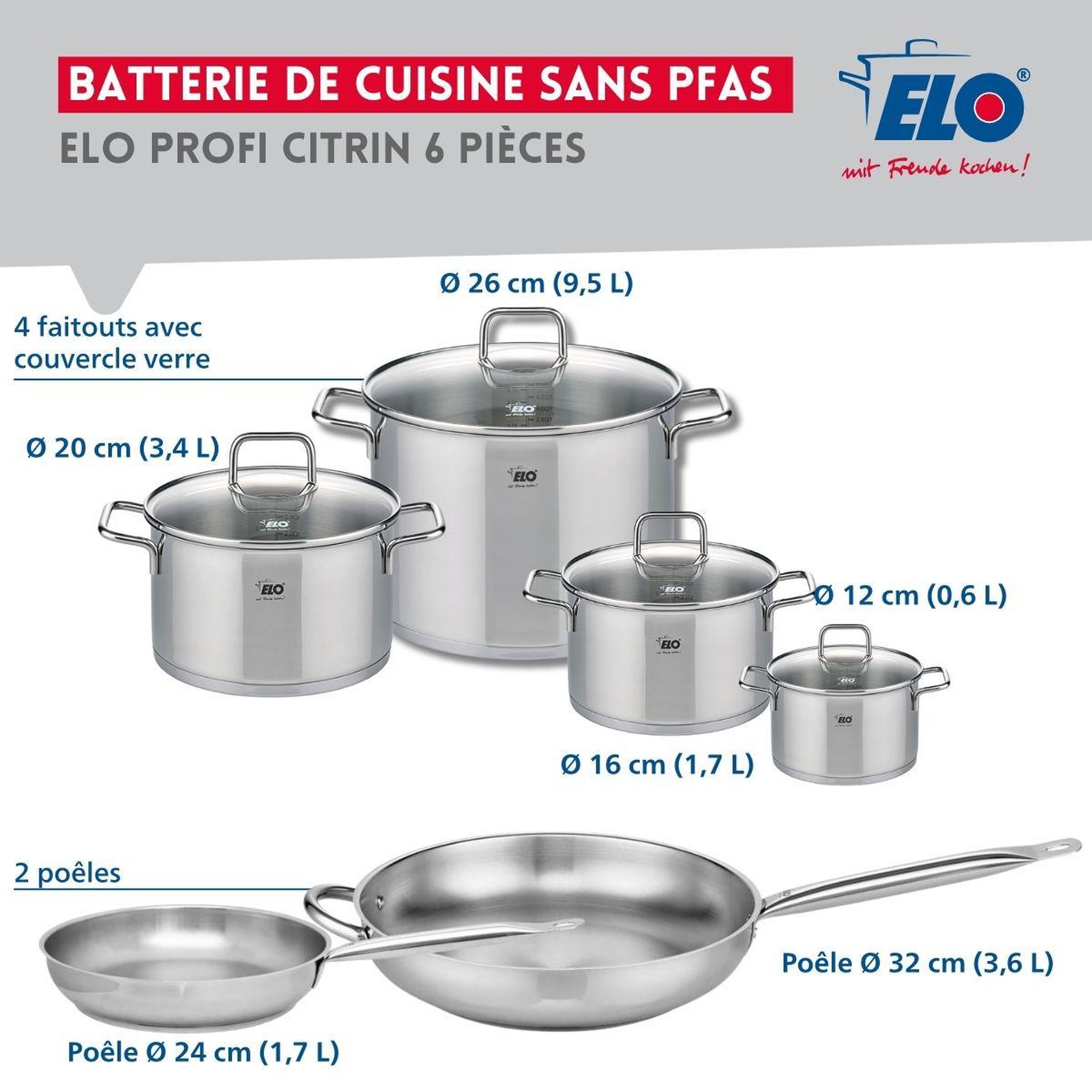 Voir la diapositive 2 : ELO Ensemble de 2 poêles de cuisson 24 et 32 cm et 4 faitouts 12, 16, 20 et 26 cm elo profi citrin