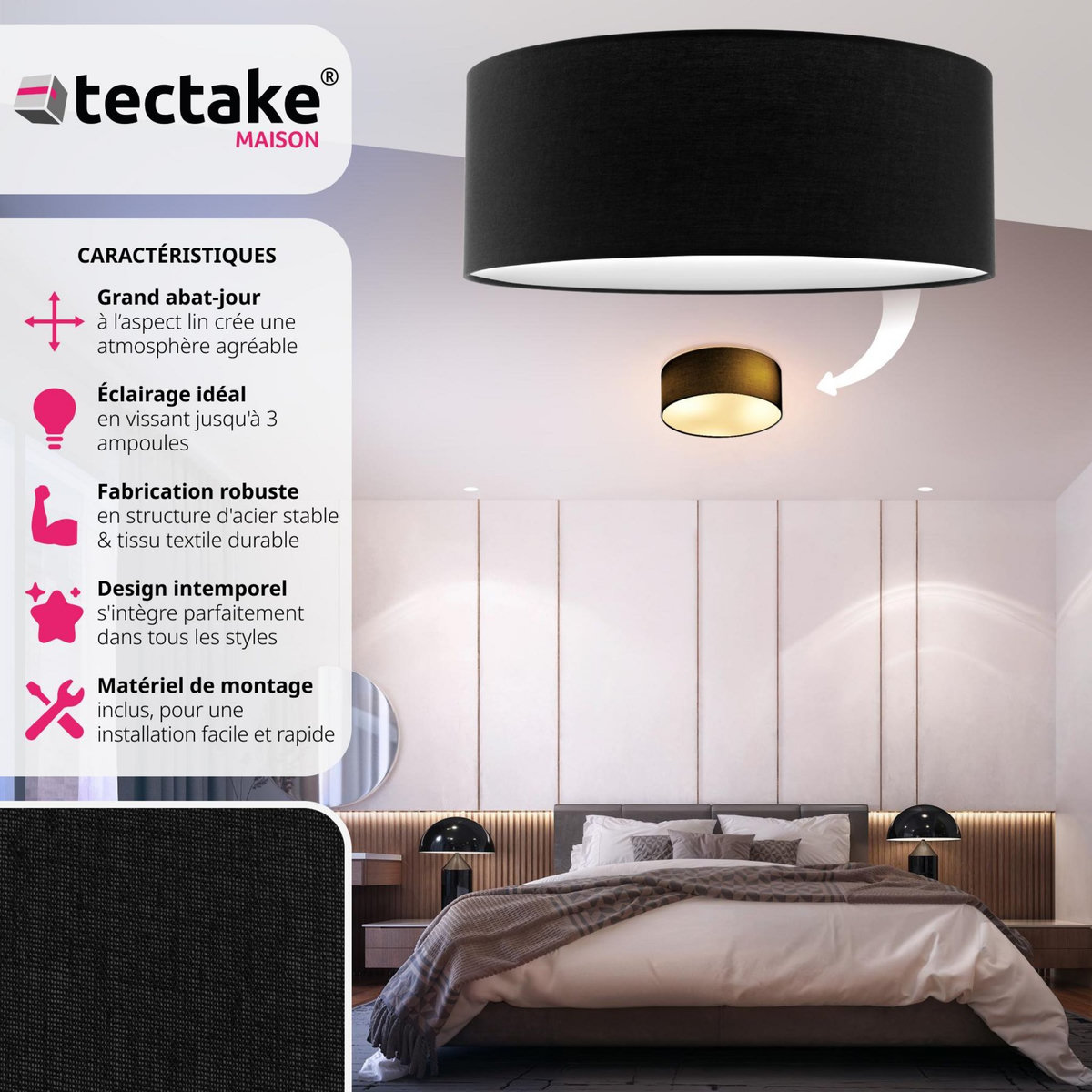 tectake Plafonnier structure en acier noir