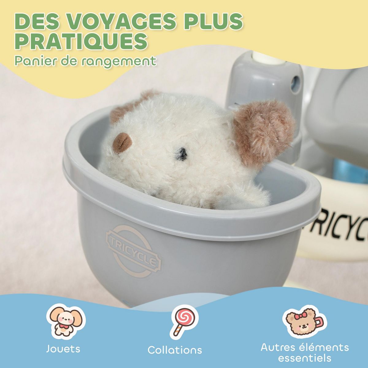 HOMCOM Tricycle enfant multi-équipé garde-boue avant sonnette pédales antidérapantes selle avec dossier bleu blanc gris