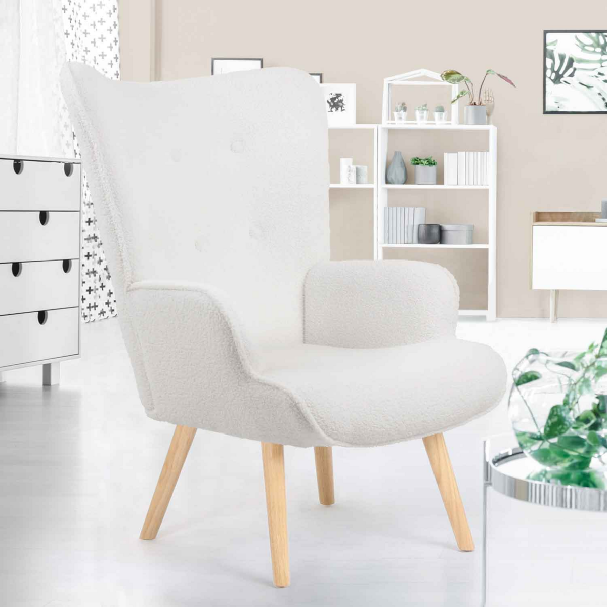 ID MARKET Fauteuil scandinave IVAR en tissu bouclette blanc