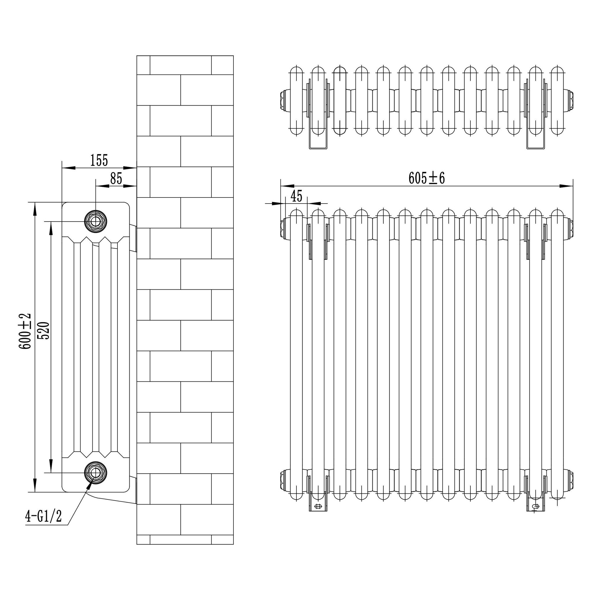 Voir la diapositive 4 : MONSTERSHOP Radiateur traditionnel à 4 colonnes & vannes - 600 x 605 mm