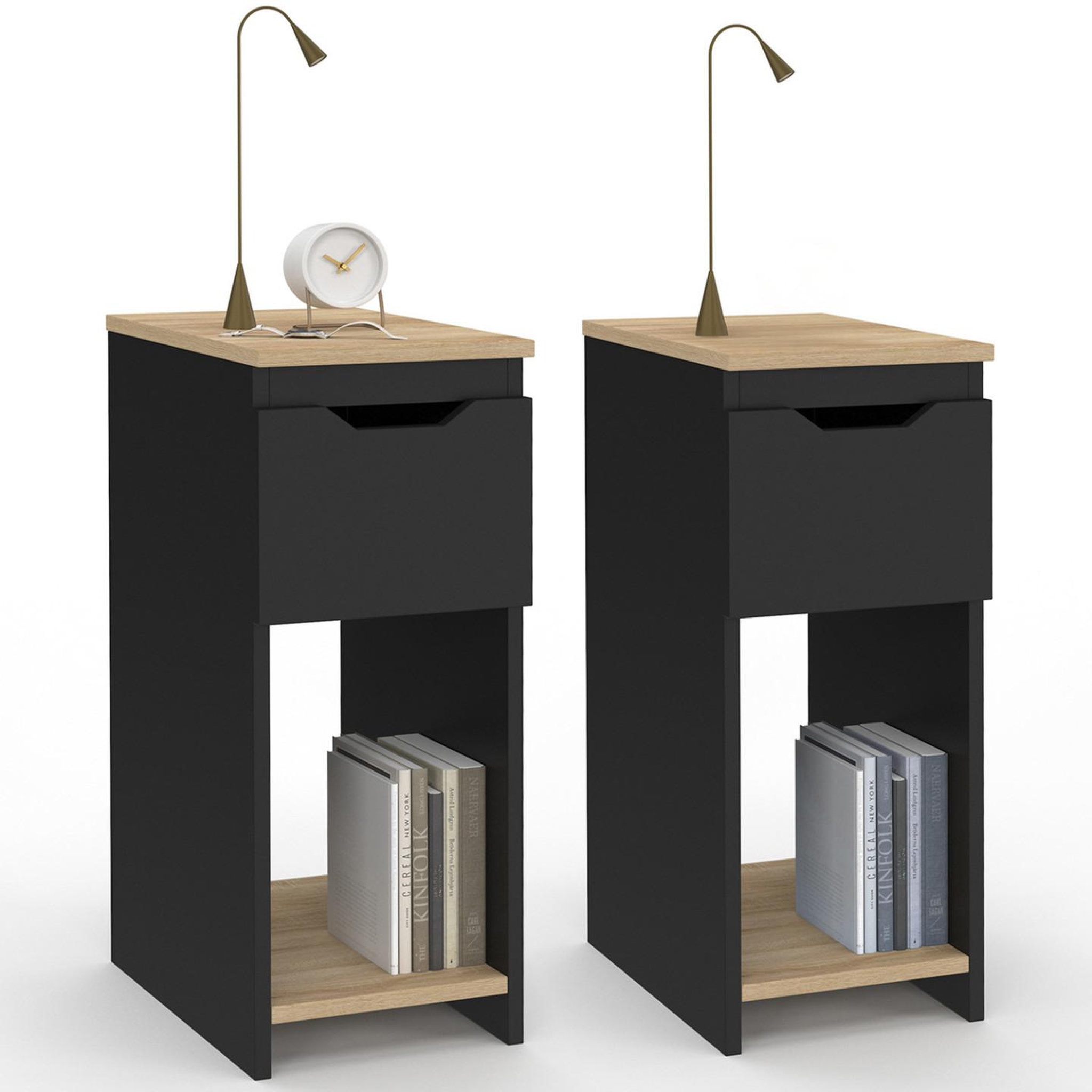 ID MARKET Lot de 2 tables de chevet étroites anouk 1 tiroir avec niche noir et bois
