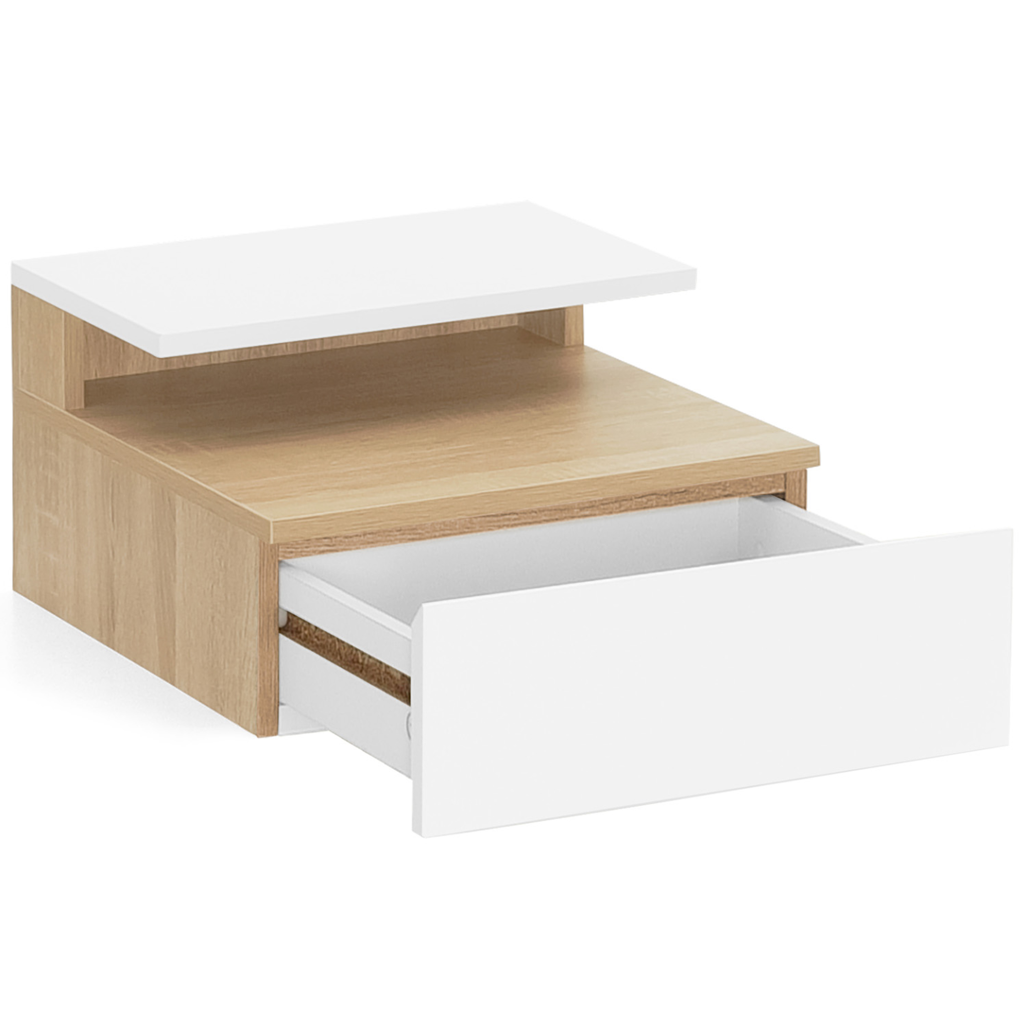 Voir la diapositive 4 : ID MARKET Lot de 2 tables de chevet murales tomi 1 tiroir + 1 tablette étagère suspendue + 1 tablette façon hêtre et blanc