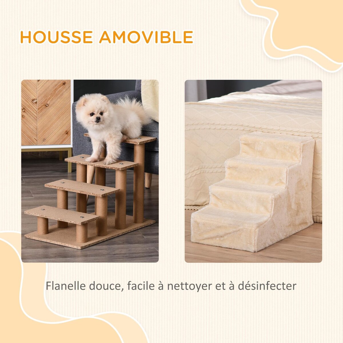 PAWHUT Escalier pour chat - escalier pour chien - 4 marches - revêtement flanelle grande douceur haute densité - structure panneaux particules - gris