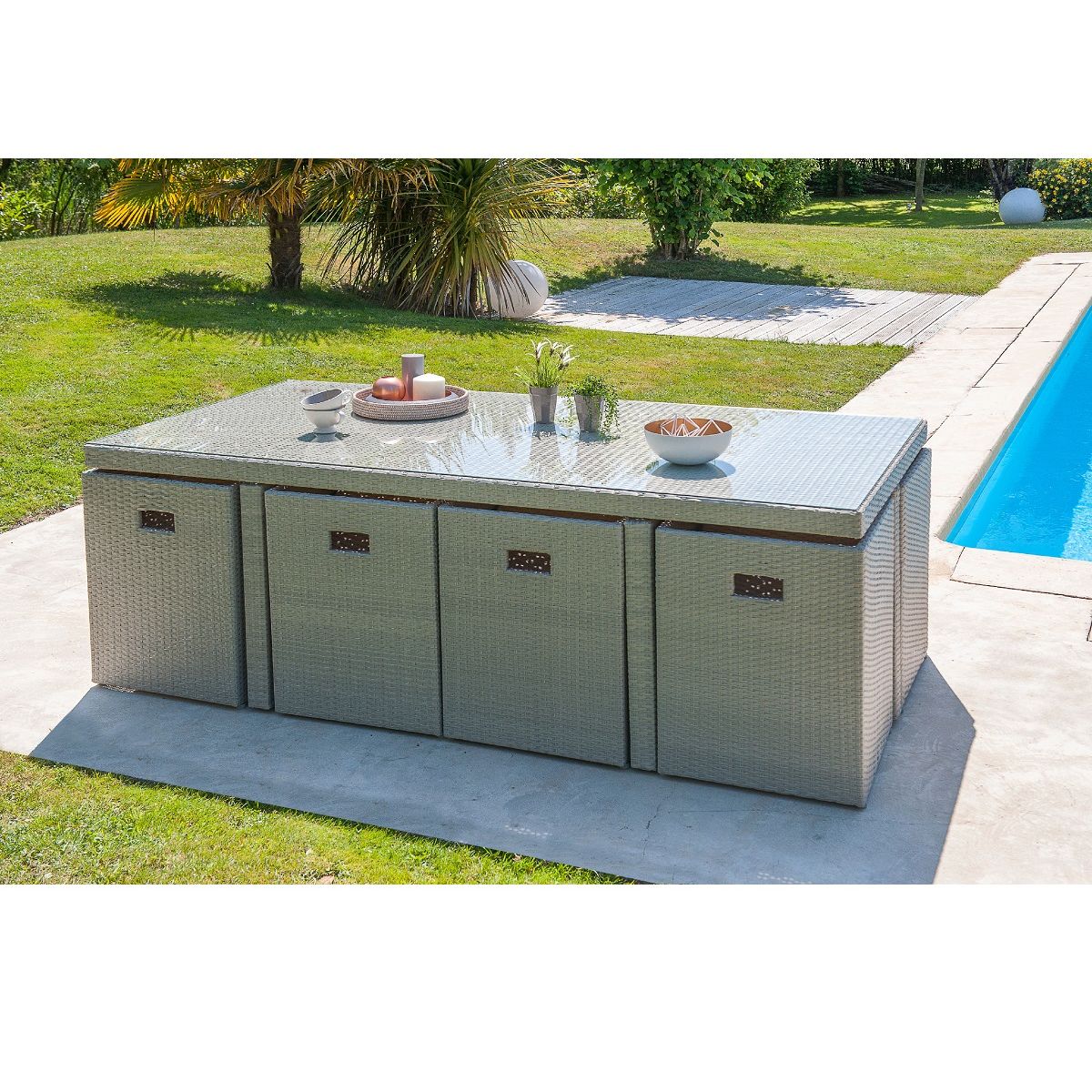 DCB GARDEN Salon de jardin encastrable - 8 places - PVC - Gris