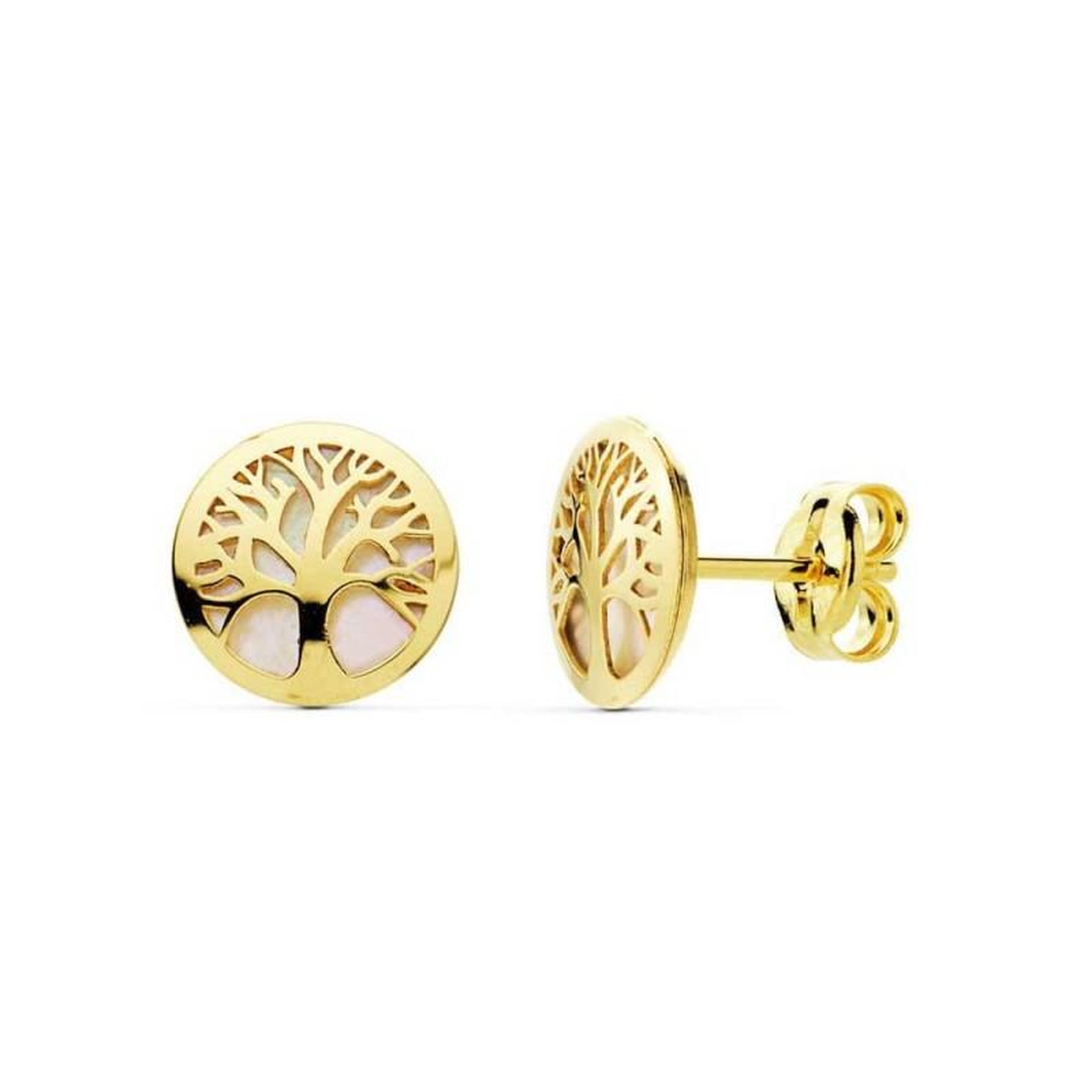 L'ATELIER D'AZUR Boucles d'Oreilles Or 18 Carats 750/000 Jaune et Nacre - Arbre de Vie