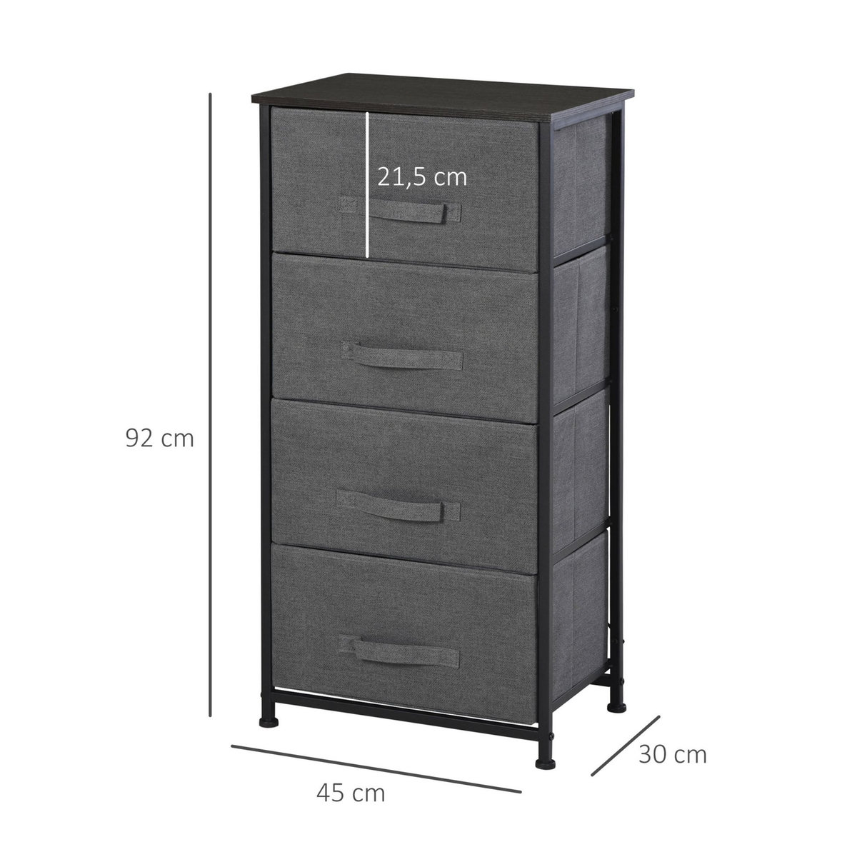 HOMCOM Meuble de rangement 4 tiroirs chiffonnier dim. 45L x 30l x 92H cm métal MDF non tissé noir