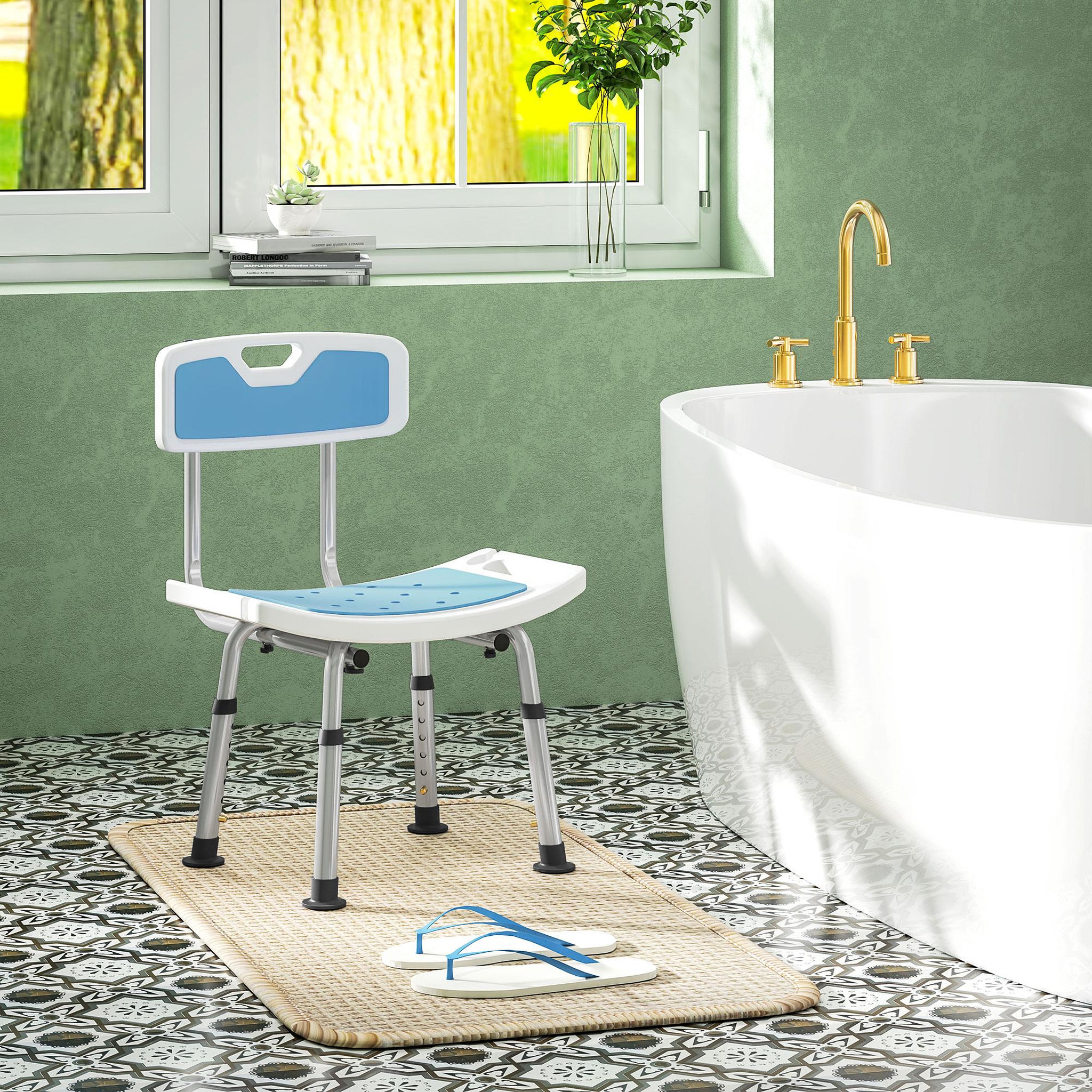 Voir la diapositive 2 : HOMCOM Chaise de douche siège de douche ergonomique hauteur réglable pieds antidérapants charge max. 136 kg alu hdpe bleu
