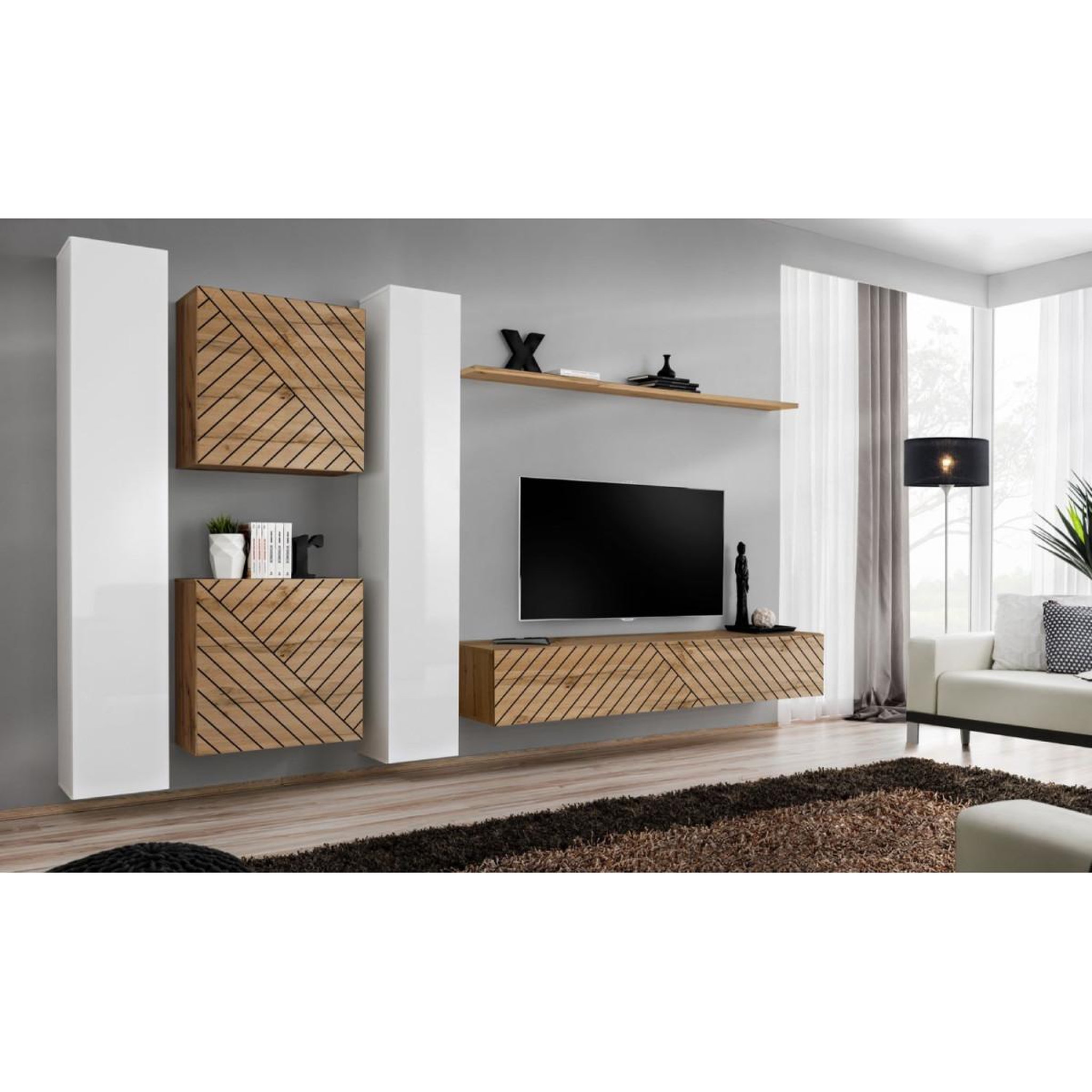 Voir la diapositive 2 : Paris Prix Ensemble meuble tv  switch lamel vi  330cm naturel & blanc