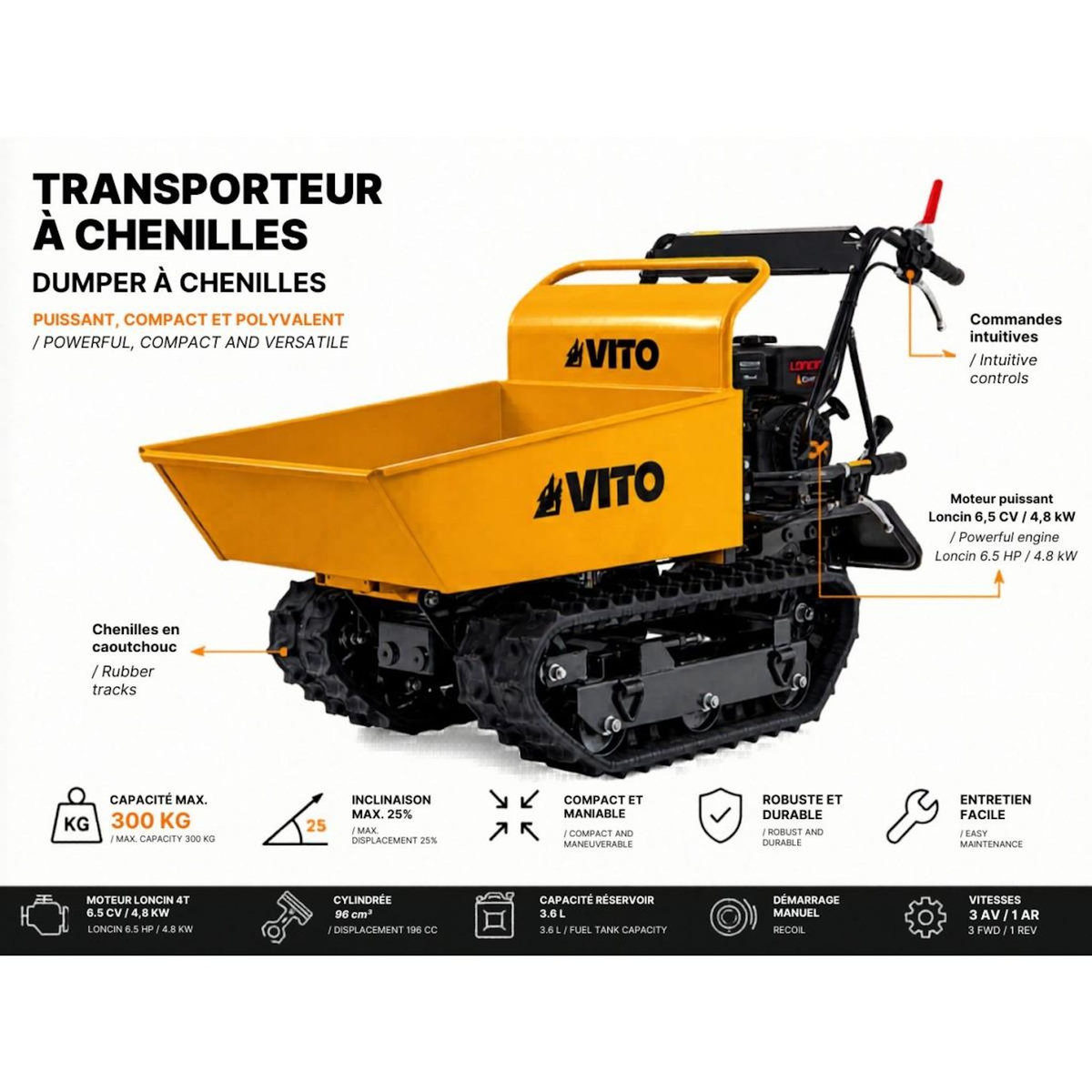 VITO Mini Dumper à chenilles Moteur Loncin 196Cm3 Essence 6.5CV - Brouette à chenilles Transport Charge 300kg 4.8KW Chantier VITO