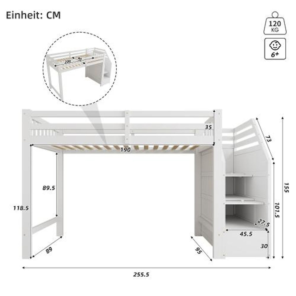 MERAX Lit combiné enfant 90x200 cm coloris blanc pin
