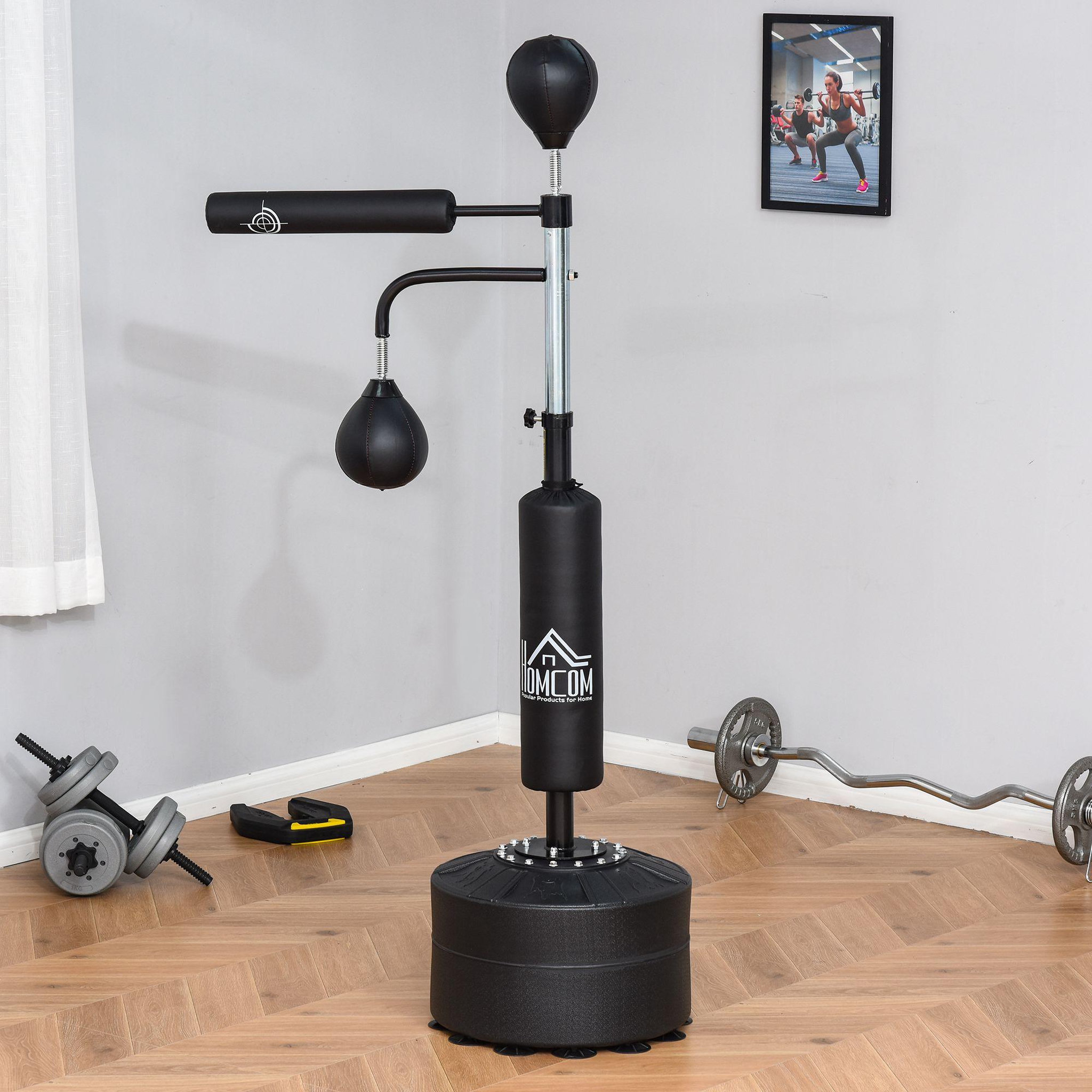 Voir la diapositive 2 : HOMCOM Sac de frappe boxe autoportant punching ball brunier 3 en 1 revêtement synthétique dim. 88l x 50l x 160-230h cm noir