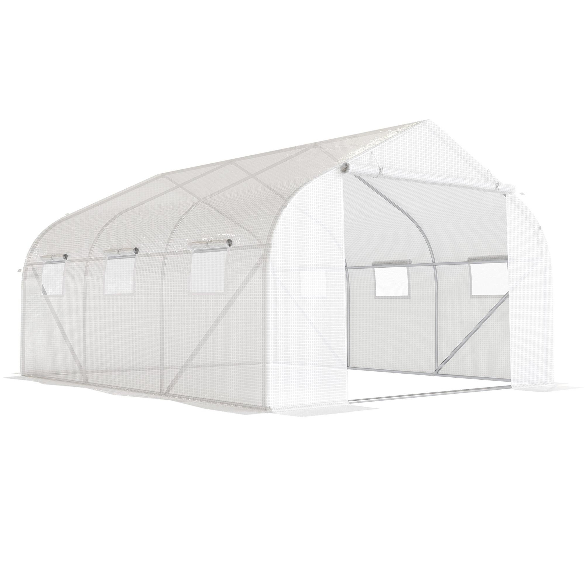 OUTSUNNY Serre tunnel de jardin dim. 4,45l x 2,99l x 2h m porte + 6 fenêtres enroulables acier galvanisé bâche pe haute densité blanc