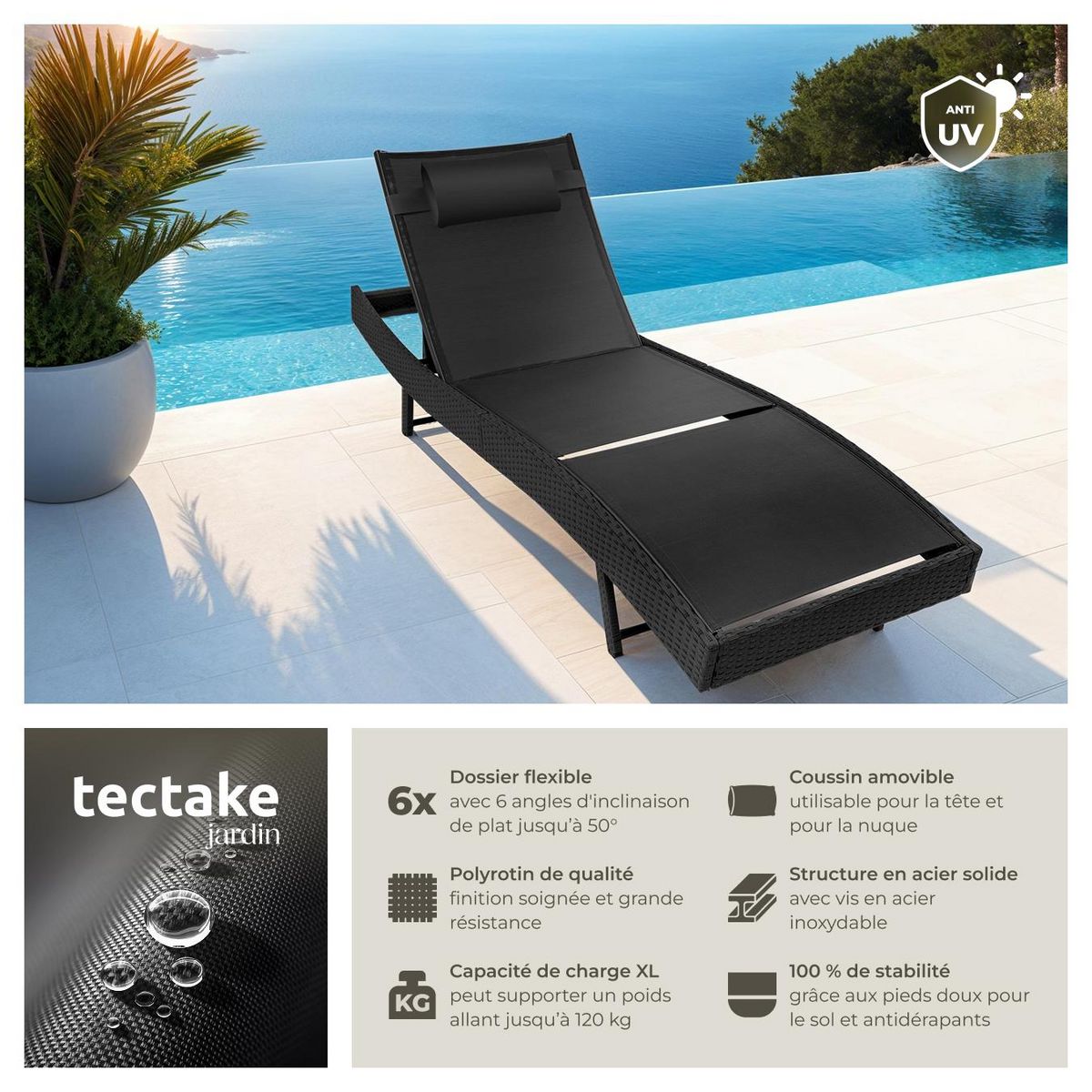 tectake Bain de soleil en rotin résistant et anti-UV noir
