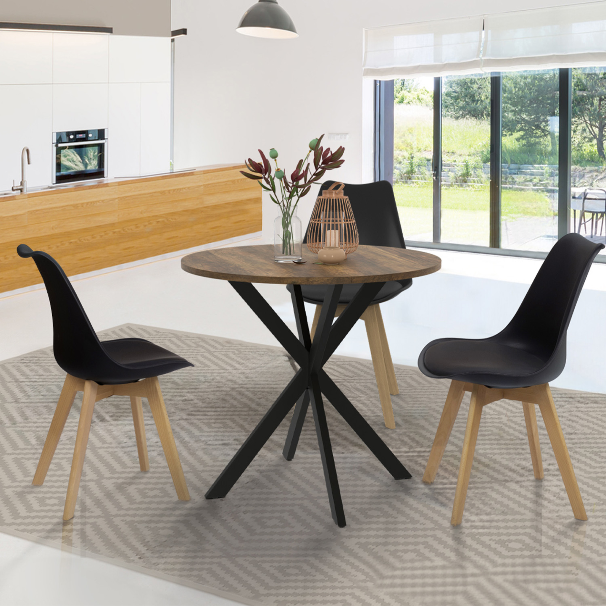 Voir la diapositive 2 : ID MARKET Table à manger ronde alix 4 personnes pied araignée noir et plateau bois foncé hawkins 80 cm