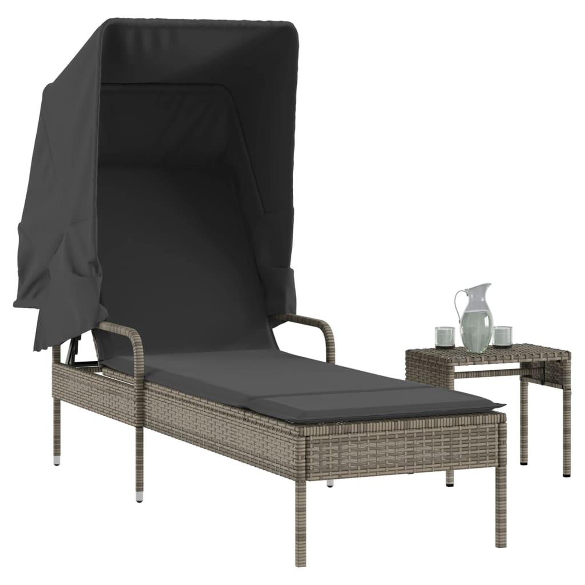 VIDAXL Chaise longue avec auvent et table gris resine tressee