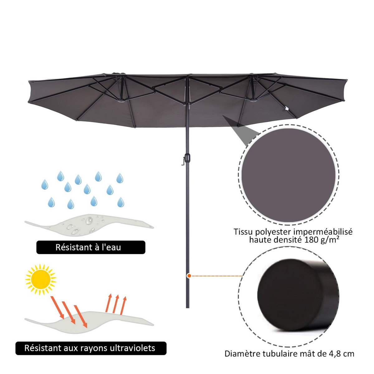 OUTSUNNY Parasol de jardin XXL parasol grande taille 4,6L x 2,7l x 2,4H m ouverture fermeture manivelle acier polyester haute densité gris