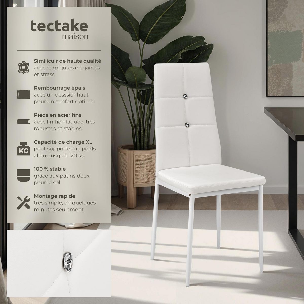 tectake Ensemble de chaises de salle à manger rembourré avec revêtement aspect cuir blanc Lot de 8