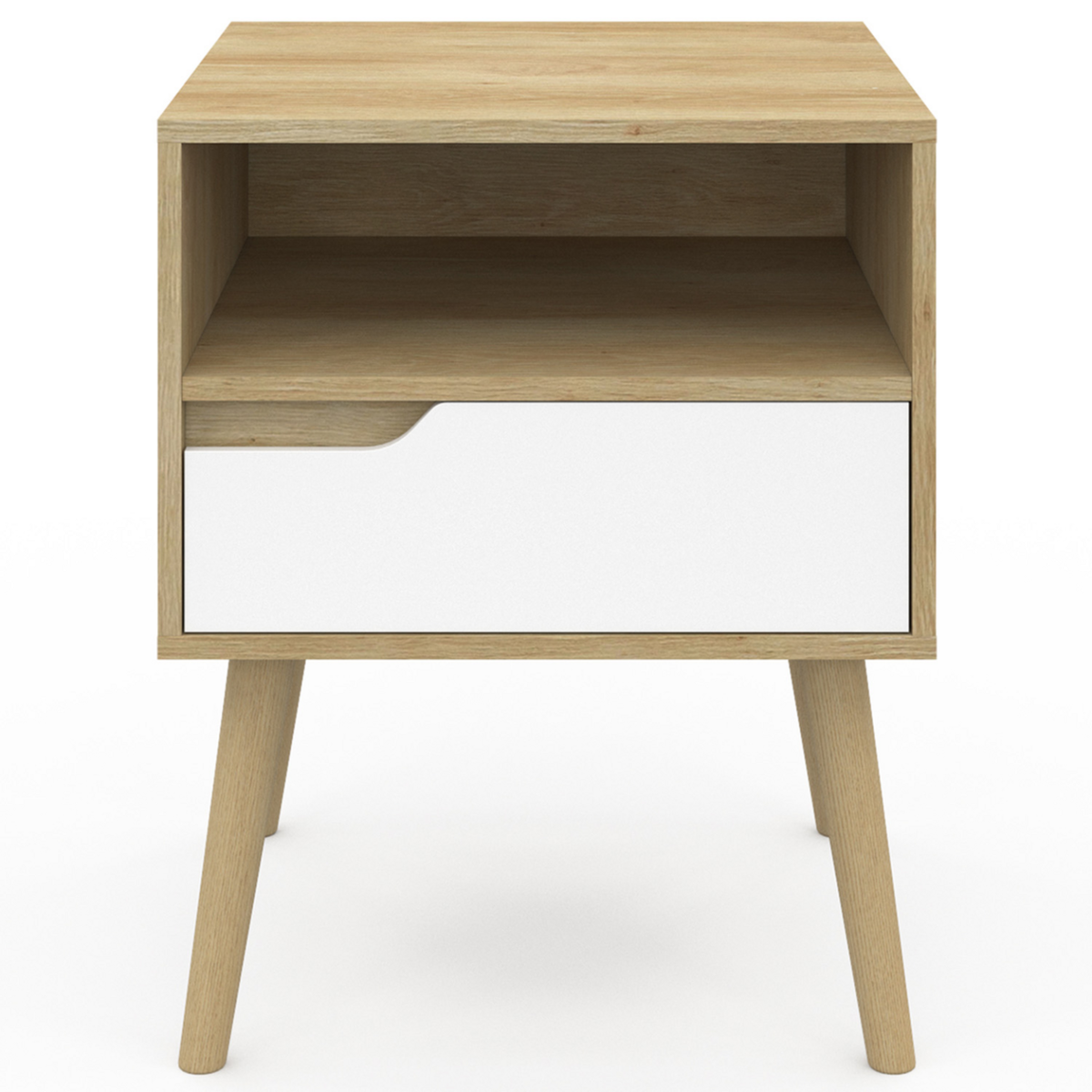 ID MARKET Lot de 2 tables de chevet HELSINKI scandinaves 1 tiroir avec niche effet hêtre et blanc