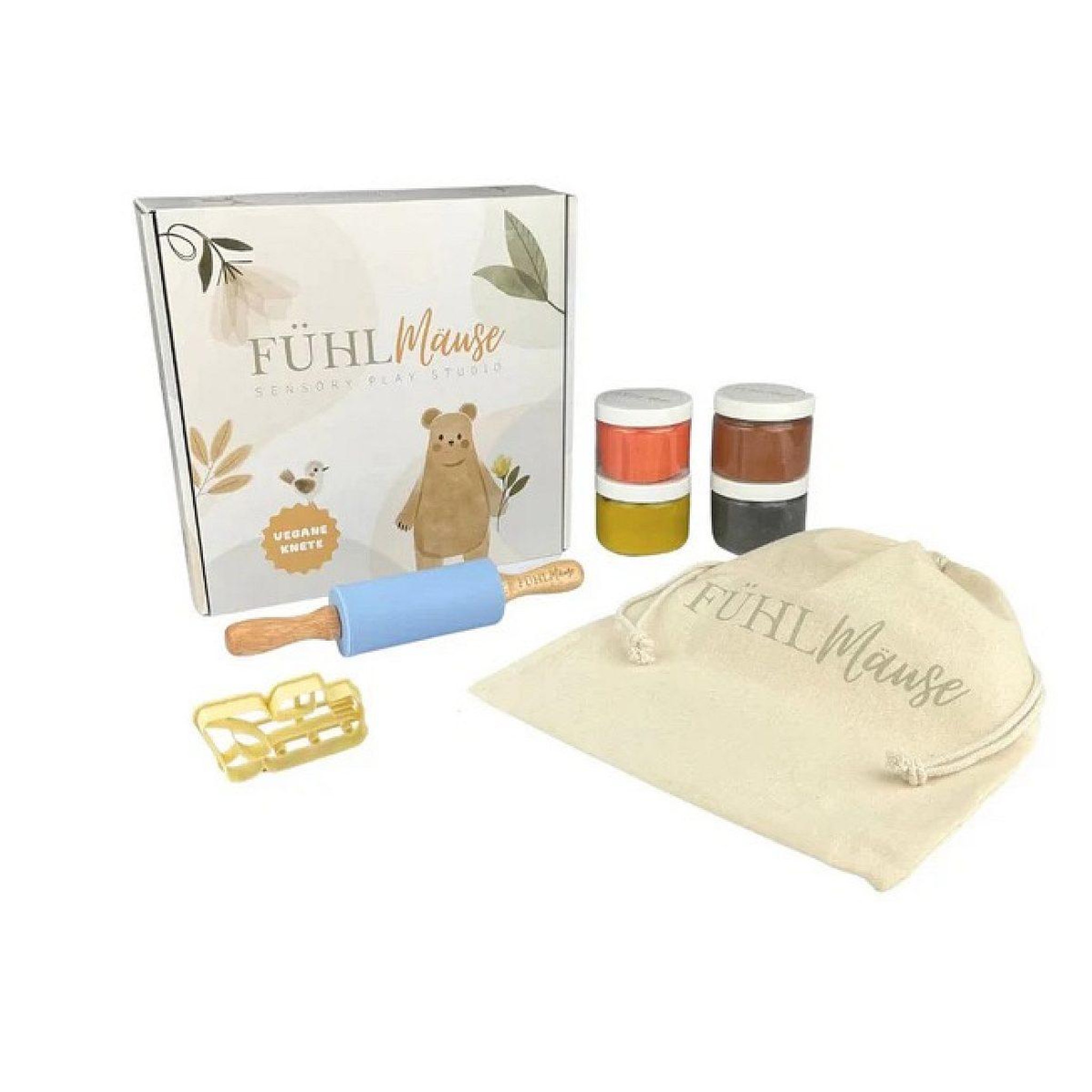 FUHLMAUSE SENSORY PLAY Coffret 4 pots de pate a modeler naturel avec accessoire travaux
