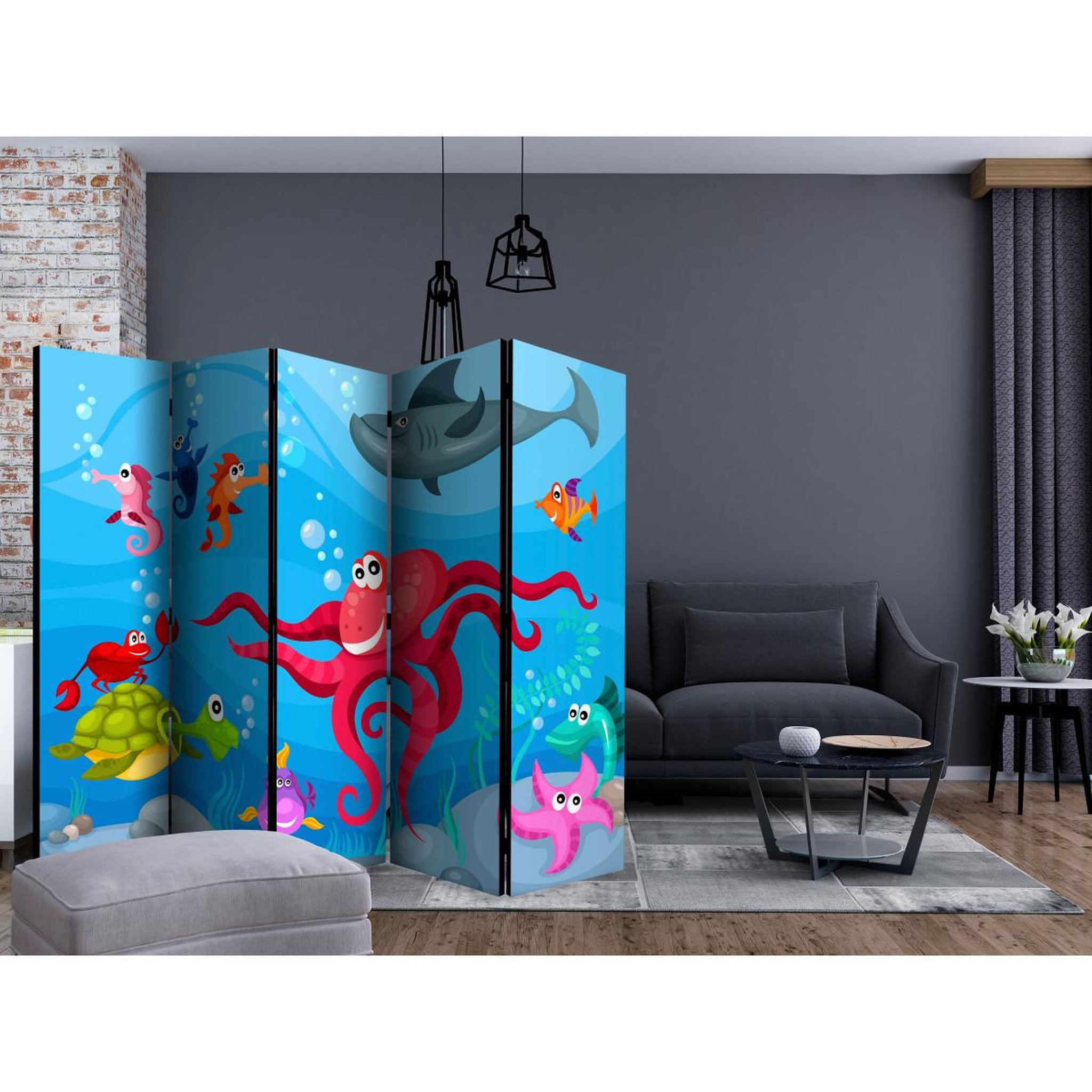 Voir la diapositive 2 : Paris Prix Paravent 5 volets  octopus & shark  172x225cm