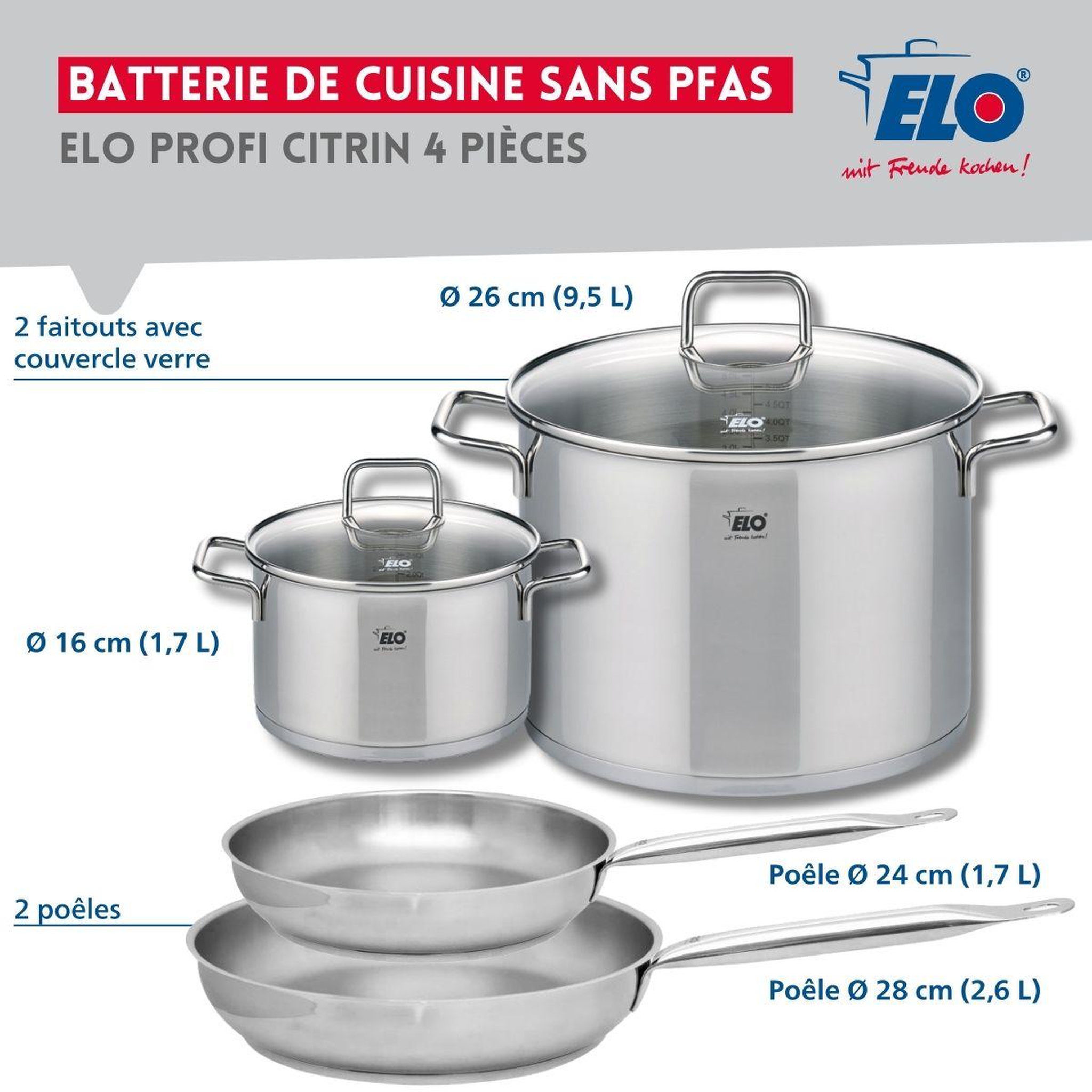 Voir la diapositive 2 : ELO Set de 2 poêles de cuisson 24 et 28 cm et 2 faitouts 16 et 26 cm elo profi citrin