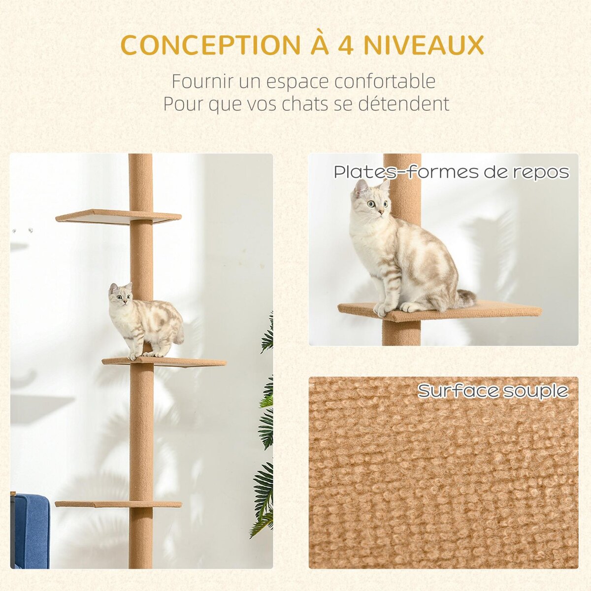 PAWHUT Arbre à chat poteau à griffer hauteur réglable dim. 43L x 27I x 228-260H cm 4 niveaux d'activités marron