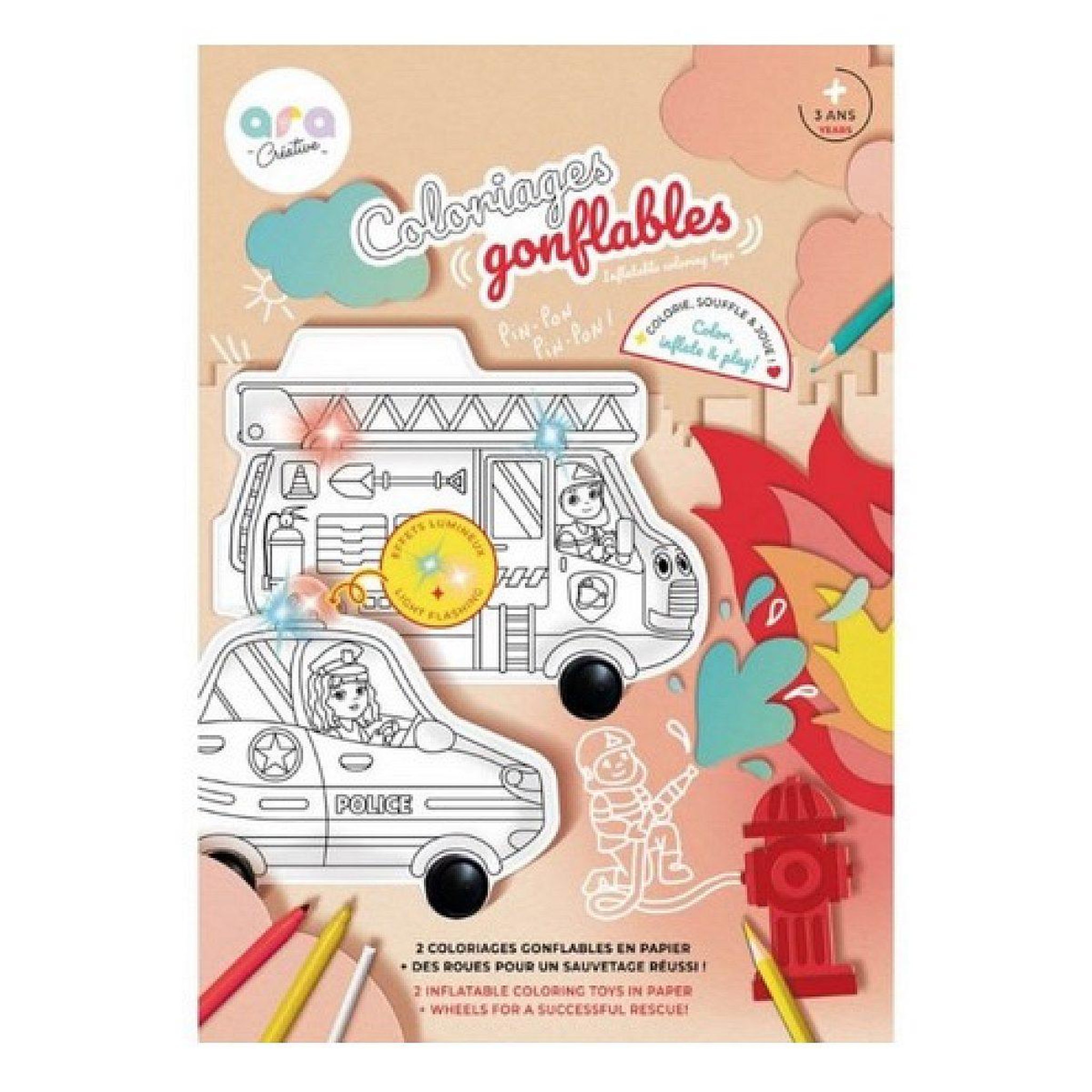 Voir la diapositive 1 : ARA CREATIVE Coloriages gonflables – 1 pompier et 1 police qui roulent et s'illuminent
