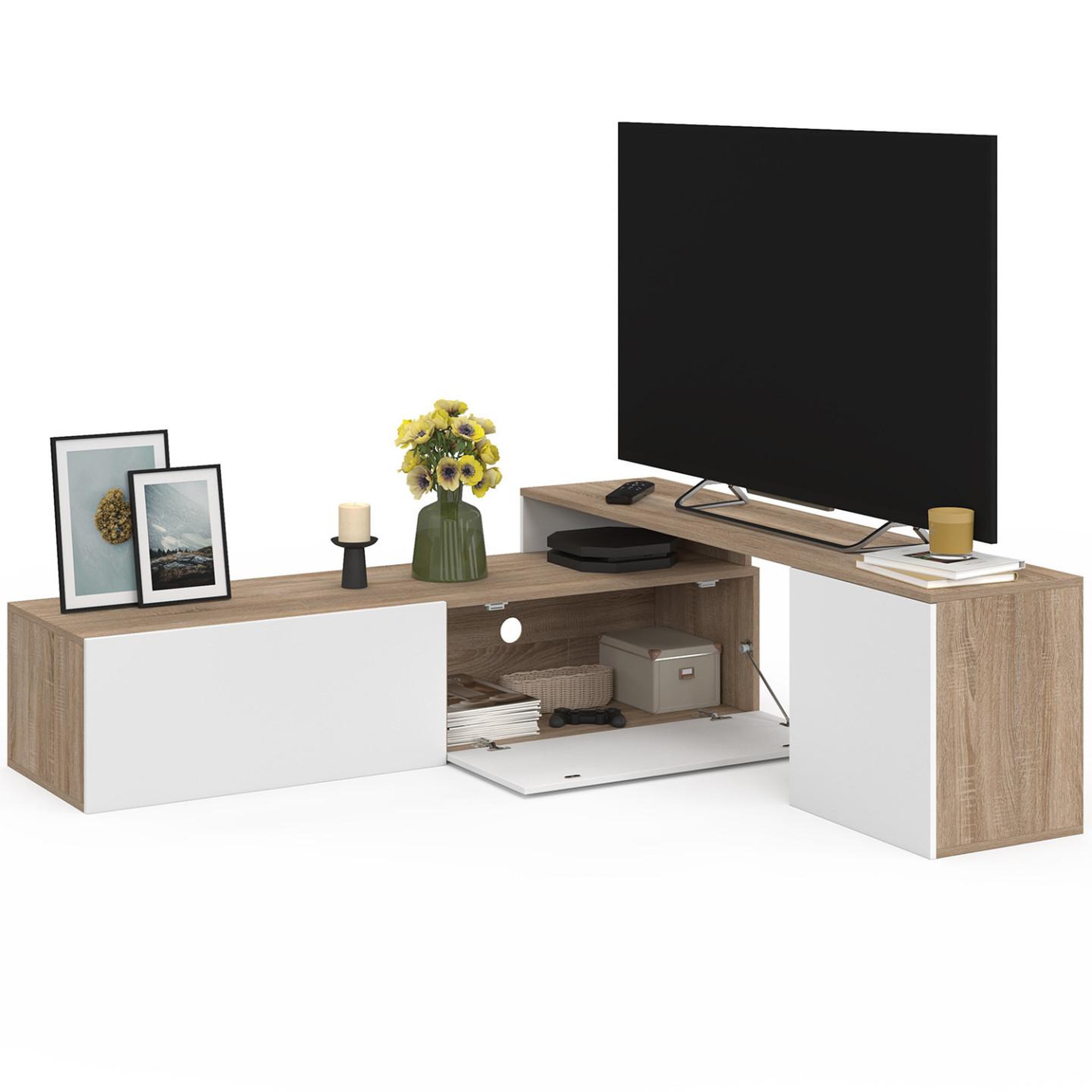 Voir la diapositive 4 : ID MARKET Meuble tv 140-180 cm modulable d'angle basile rotatif bois et blanc