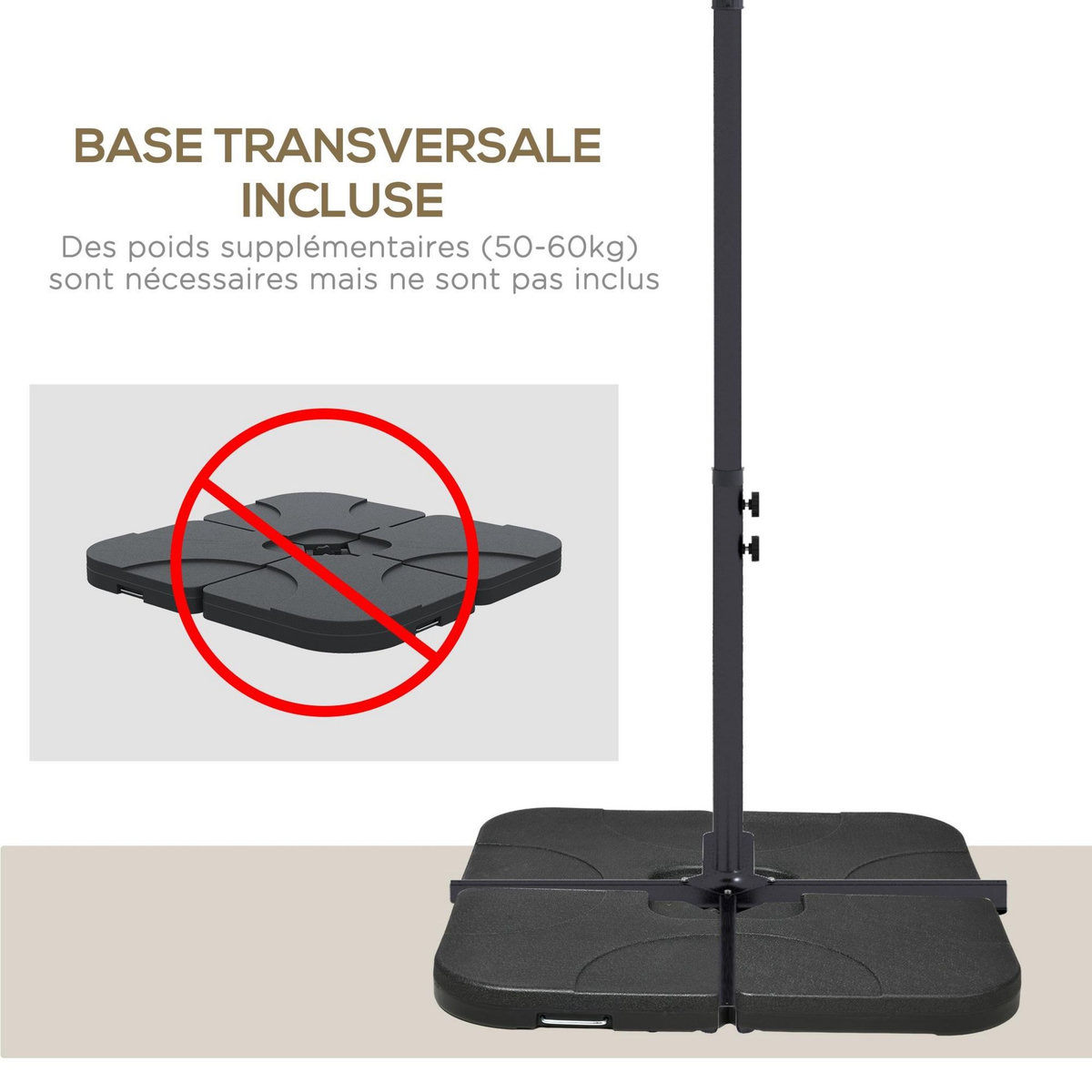 OUTSUNNY Parasol déporté rectangulaire dim. 294L x 193l x 250H cm pied en croix kaki