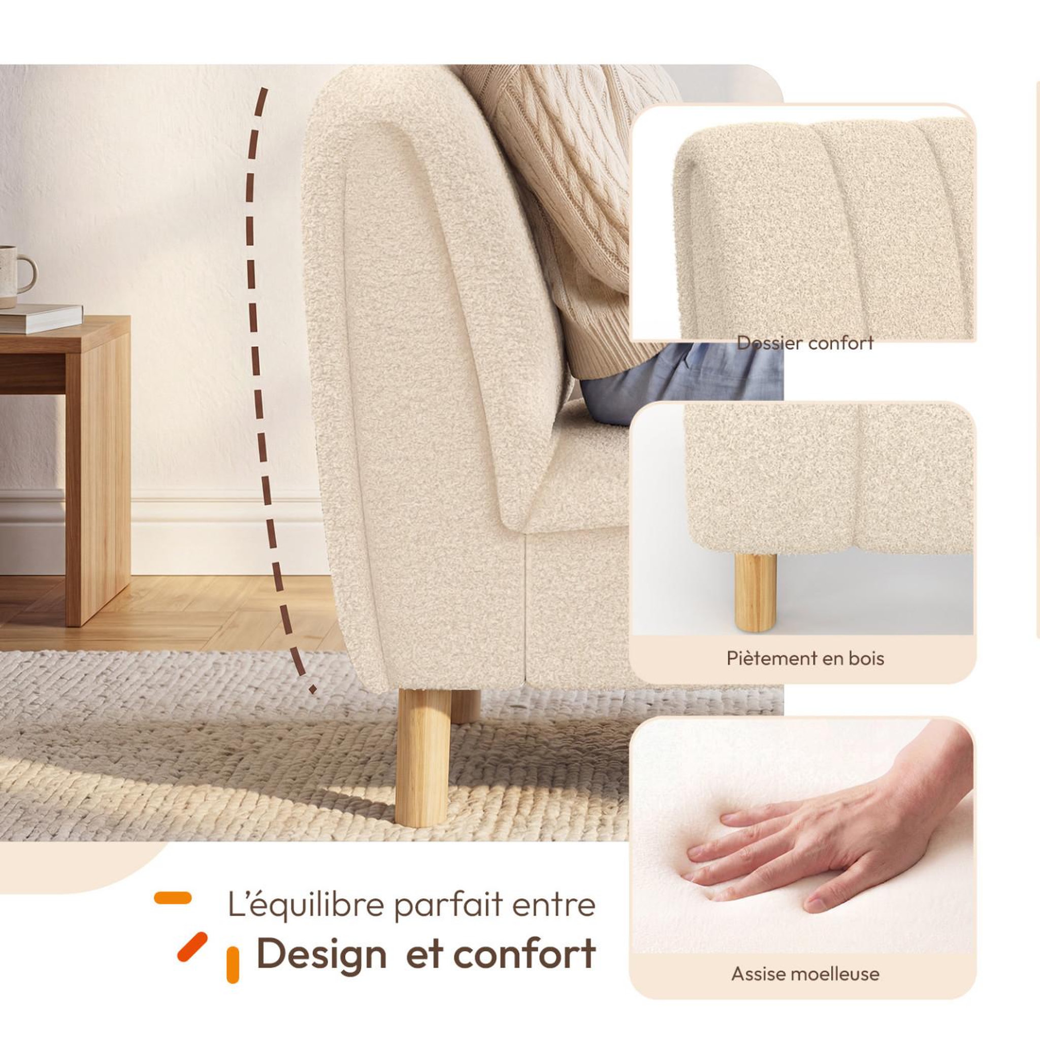 Voir la diapositive 3 : ID MARKET Fauteuil HECTOR tissu bouclette beige et pieds arrondis effet bois