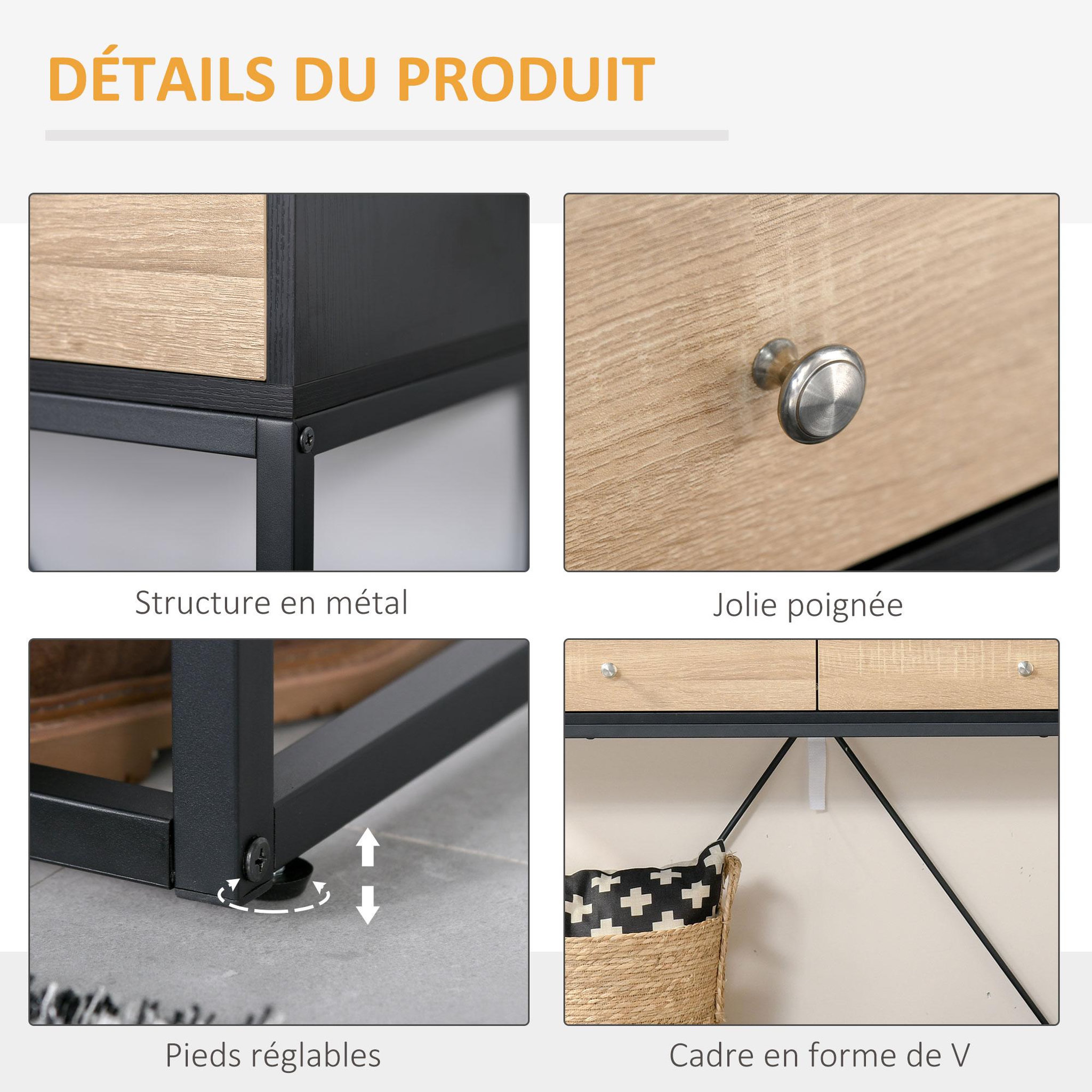 Voir la diapositive 6 : HOMCOM Table console moderne 2 tiroirs métal et panneau de particules dim. 120 x 35 x 75 cm