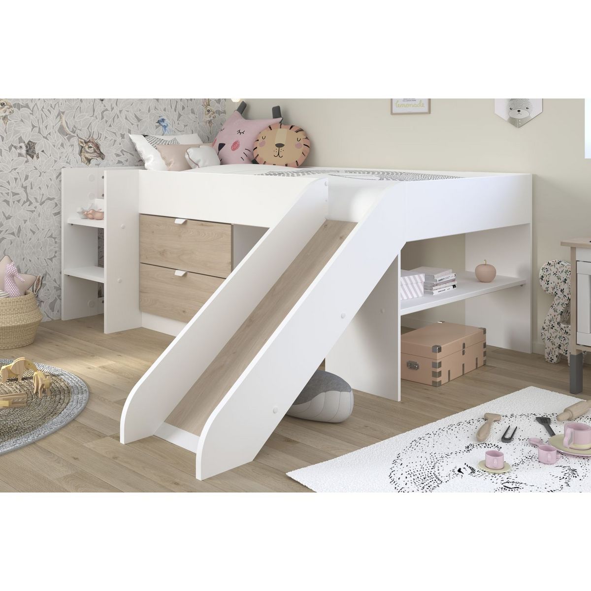 Lit enfant mi hauteur 90x200cm avec rangement et toboggan TIBO