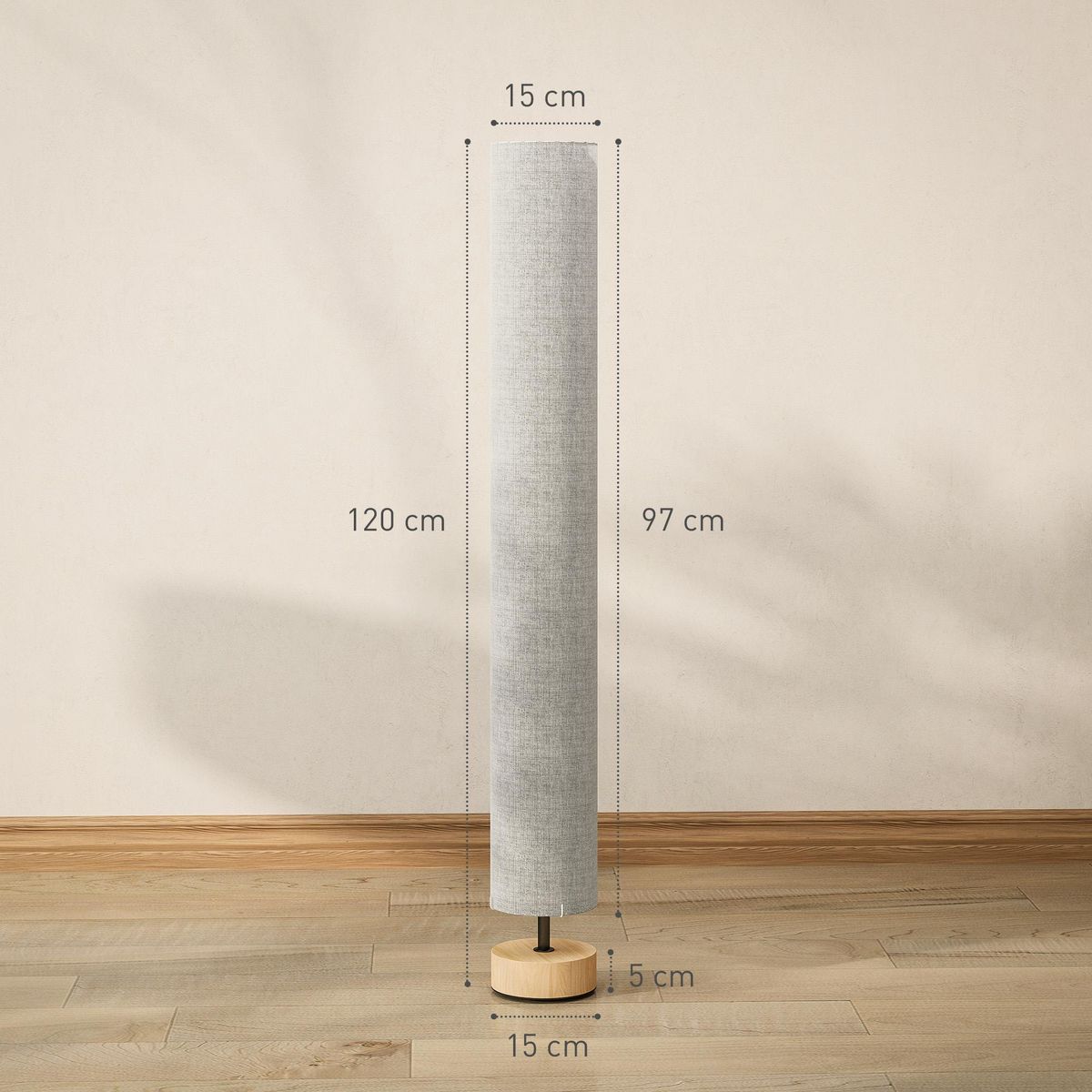 HOMCOM Lampadaire colonne sur pied bois contemporain H.120 cm abat-jour lin gris