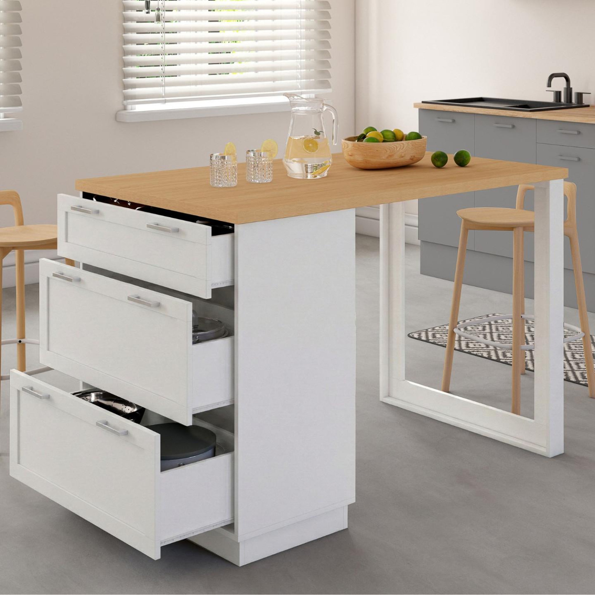 Voir la diapositive 2 : ID MARKET Ilot central mange-debout 4 personnes vito 130 cm casserolier 3 tiroirs blanc et plateau bois
