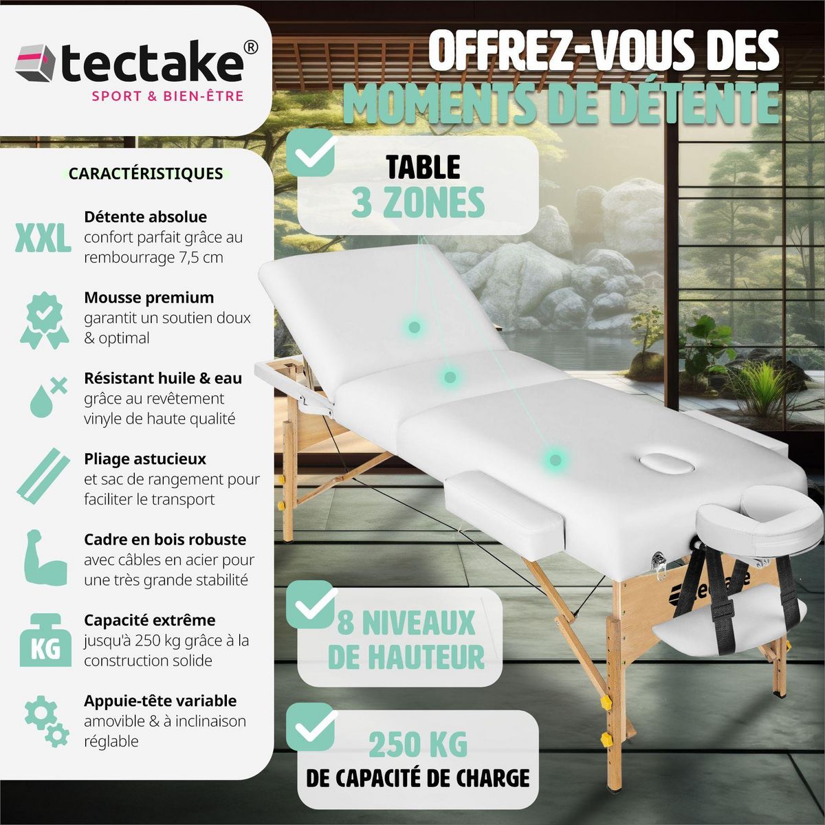 tectake Table de massage Somwang 3 zones avec rembourrage de 7,5cm et châssis en bois